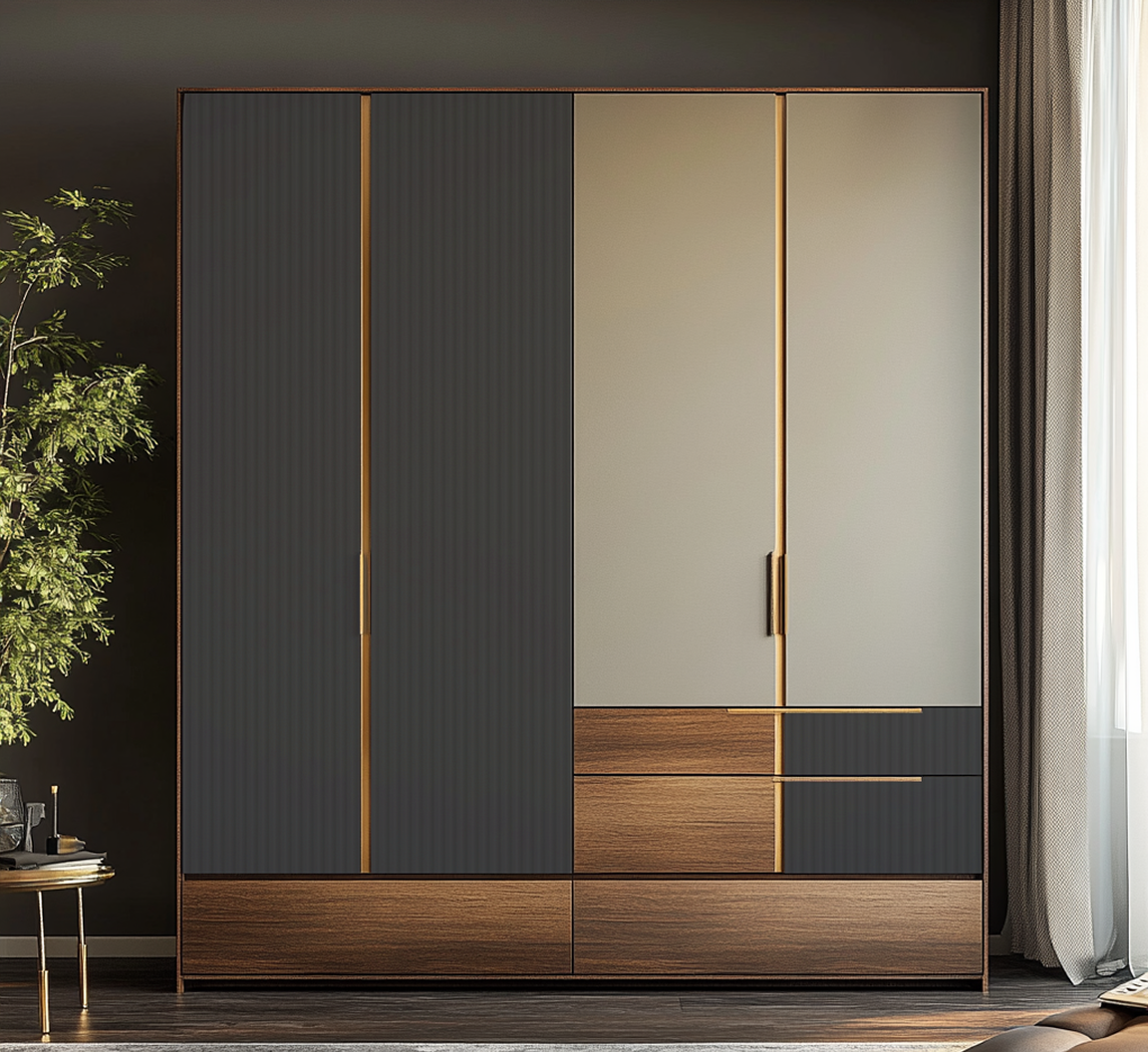 Luxurious Dual-Tone Wardrobe with Dark Grey and Wood Laminate Finish | Material Depot