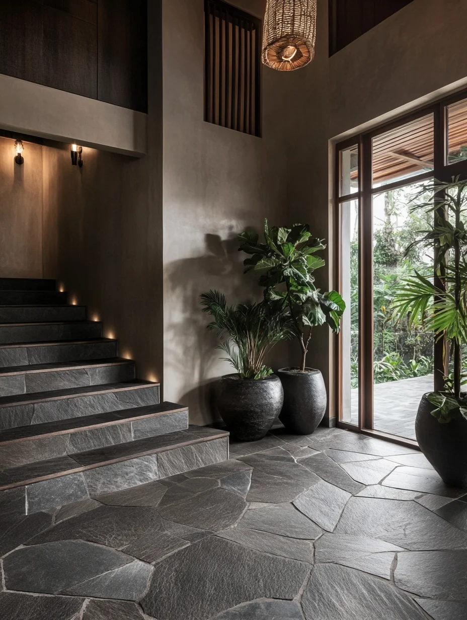 Luxurious Foyer with Dark Grey Stone Flooring and Ambient Stair Lighting | Material Depot