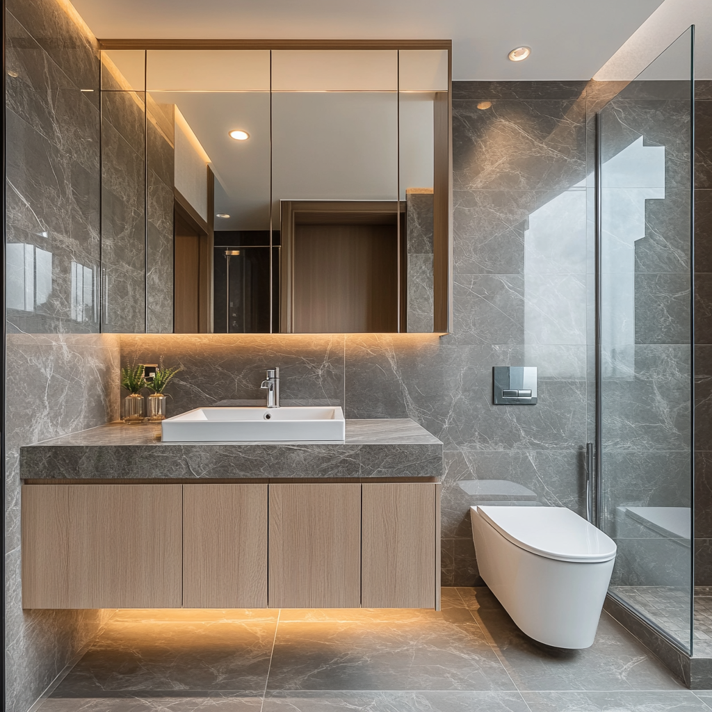 Luxurious Fusion: Contemporary Bathroom with Marble Accents and Wood Details | Material Depot