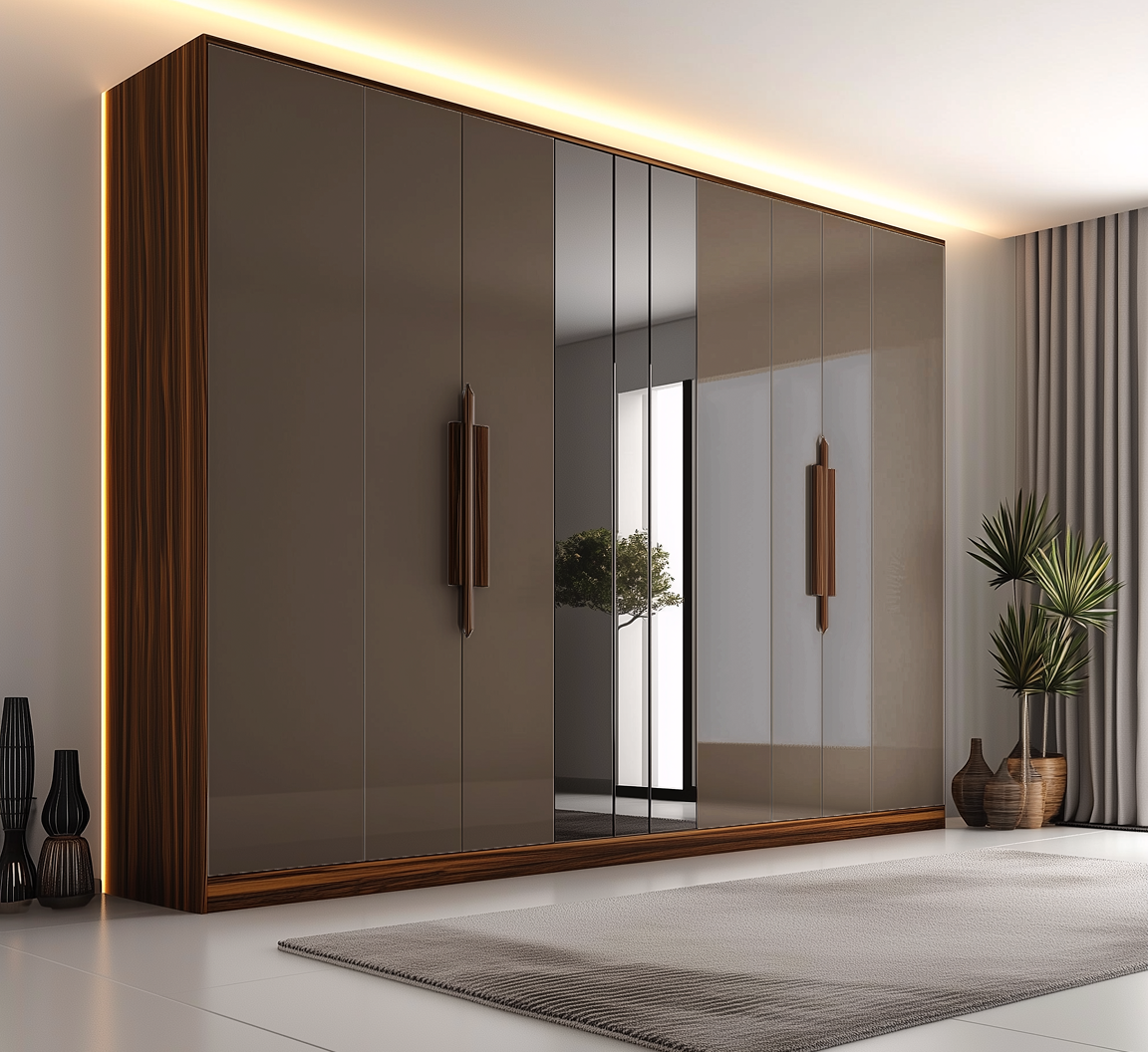 Luxurious Glossy Wardrobe with Mirror Panels and Wooden Accents | Material Depot