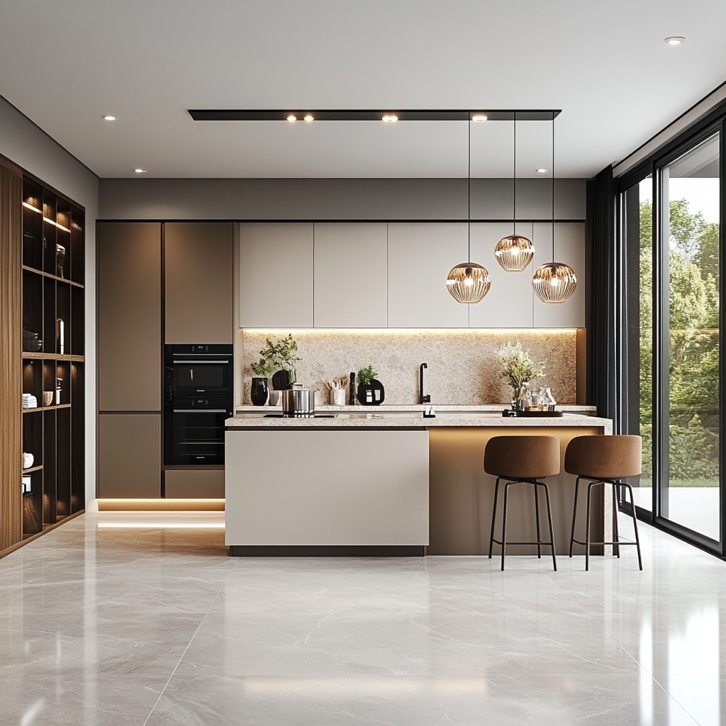 Luxurious Kitchen Design Highlighting Golden Pendant Lights Over a Marble Center Island | Material Depot