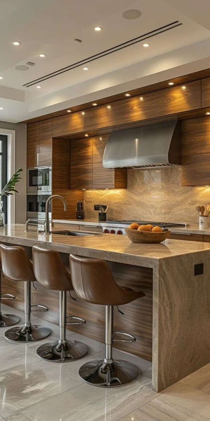 Luxurious Kitchen Design with Rich Wood and Marble Island Detailing | Material Depot