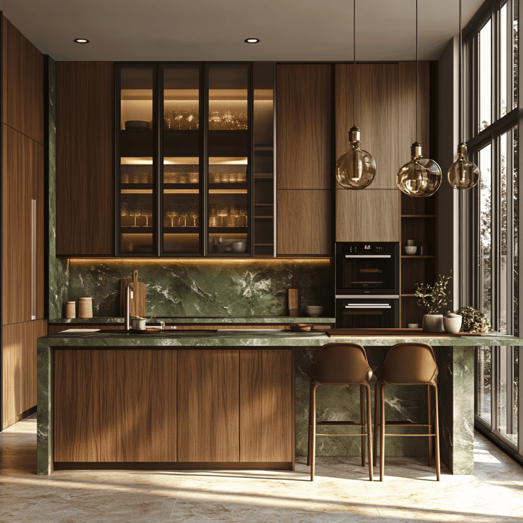 Luxurious Kitchen Space Highlighting Rich Green Marble and Gold Accents for a Regal Feel | Material Depot