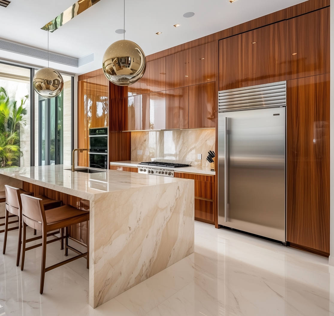 Minimalist Grey Glossy Kitchen with Curved Island and Modern Design | Material Depot