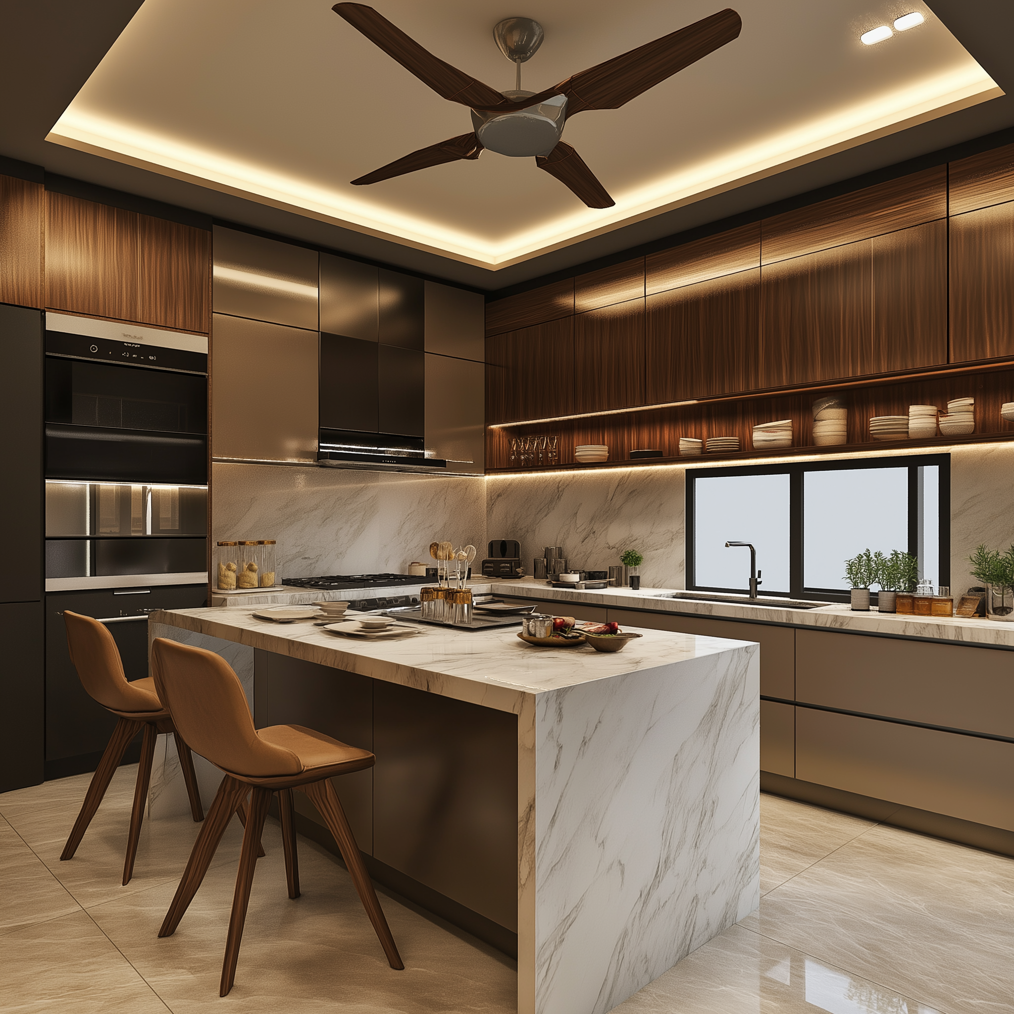 Luxurious Kitchen with Marble Countertops and Warm Wooden Laminates | Material Depot