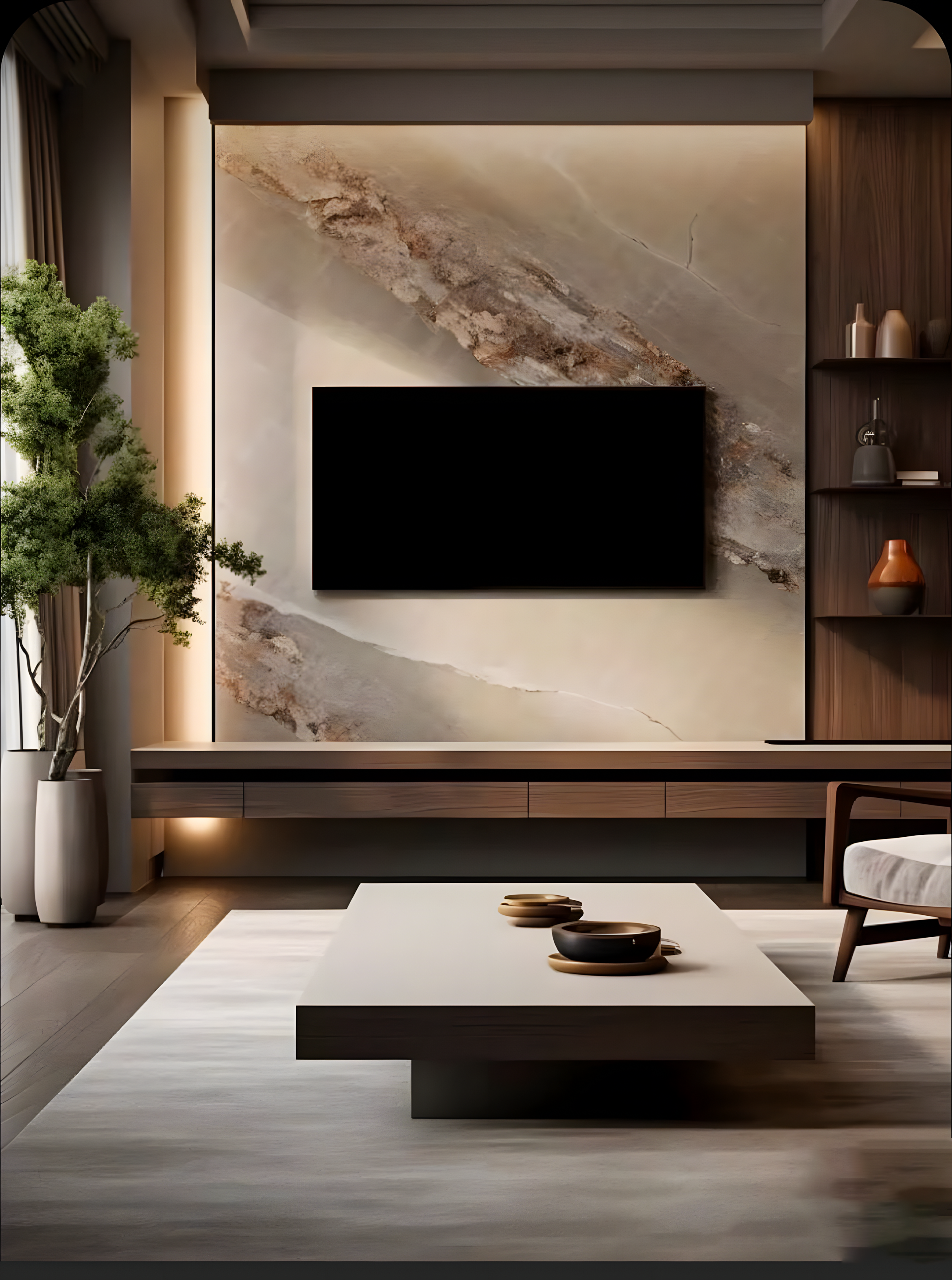 Luxurious TV Unit with Marble Accent Wall and Modern TV Console | Material Depot