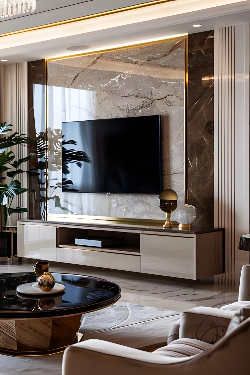 Luxurious Living Room with Marble TV Wall | Material Depot