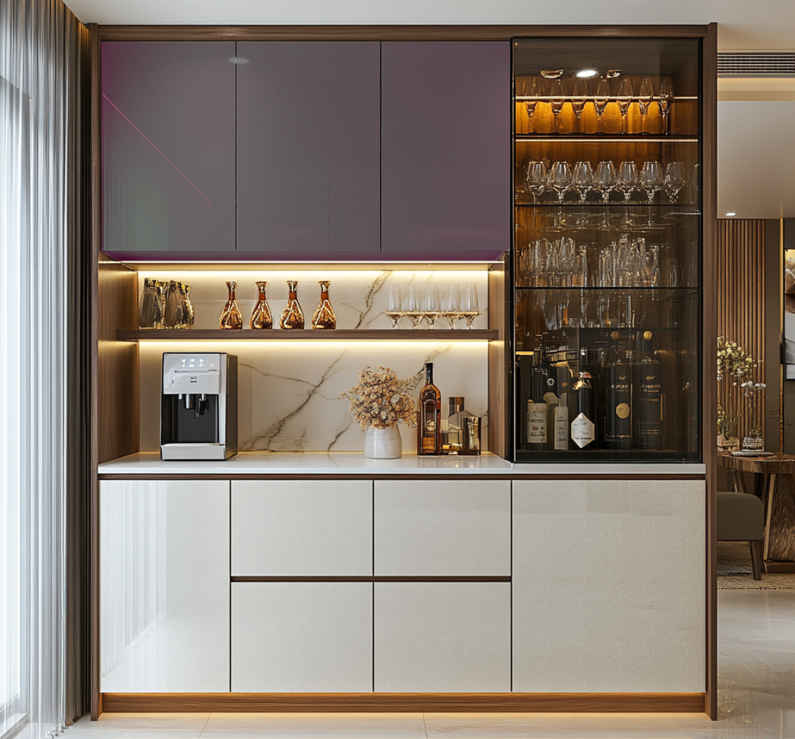 Luxurious Metallic Purple and Cream Sparkle Glossy Solid Laminate Kitchen Unit | Material Depot