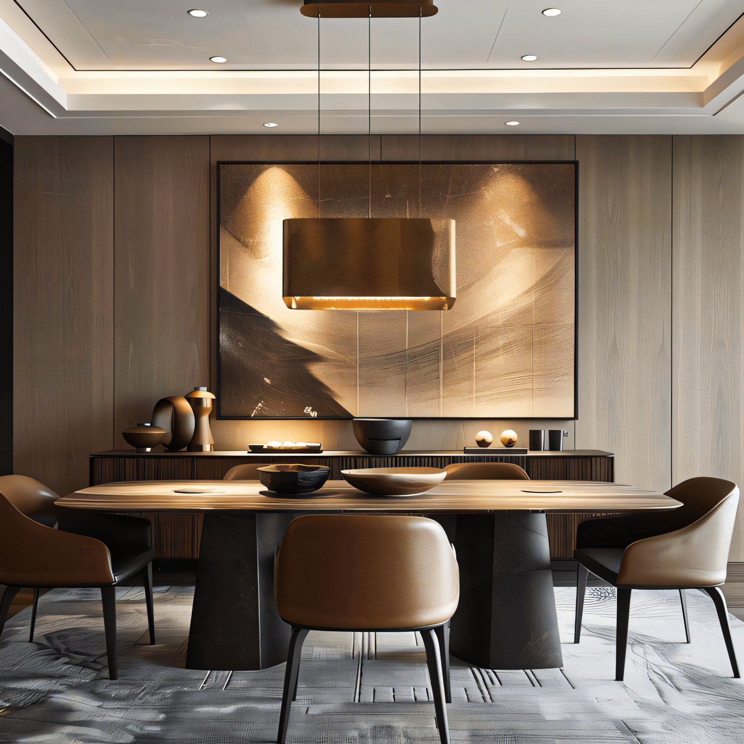 Luxurious Modern Dining Room with Rectangular Table and Coffered Ceiling | Material Depot