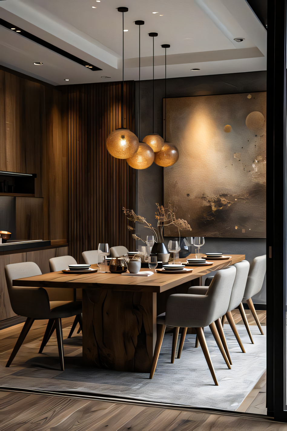 Luxurious Modern Dining Room with Rectangular Table and Pendant Lighting | Material Depot