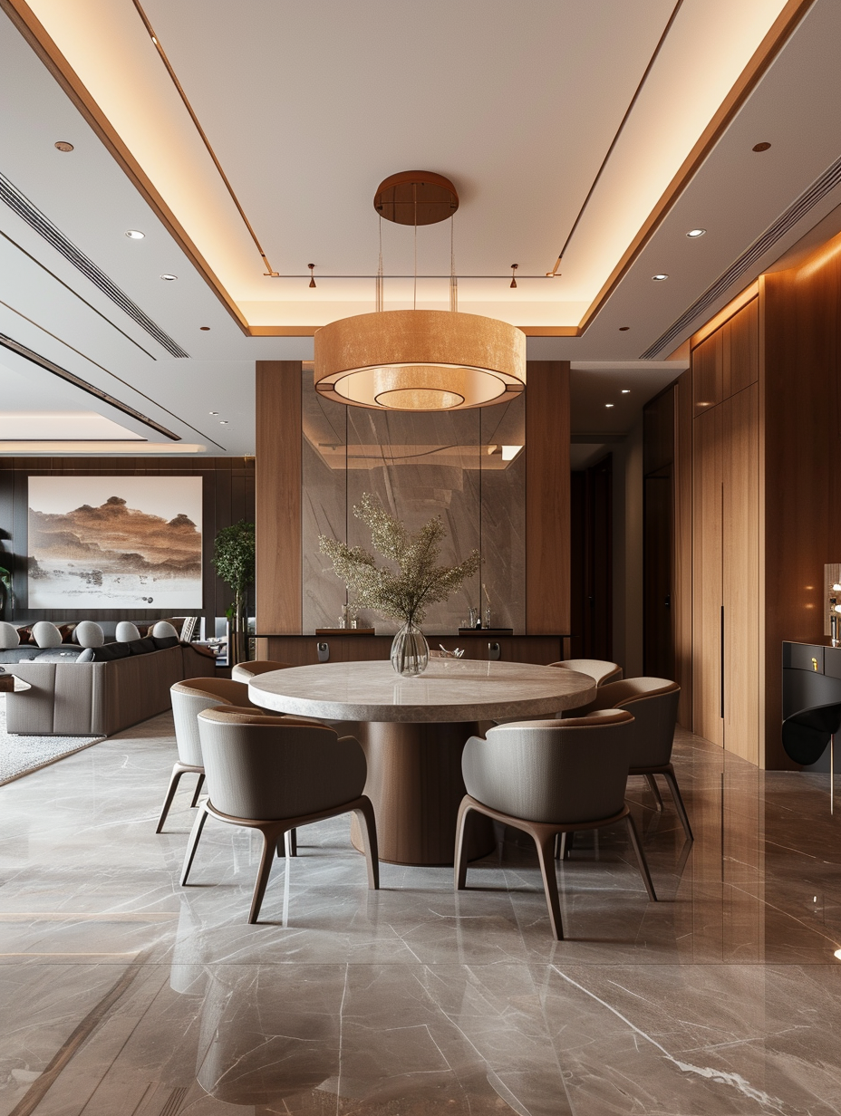 Luxurious Modern Dining Room with Round Marble Table and Coffered Ceiling | Material Depot