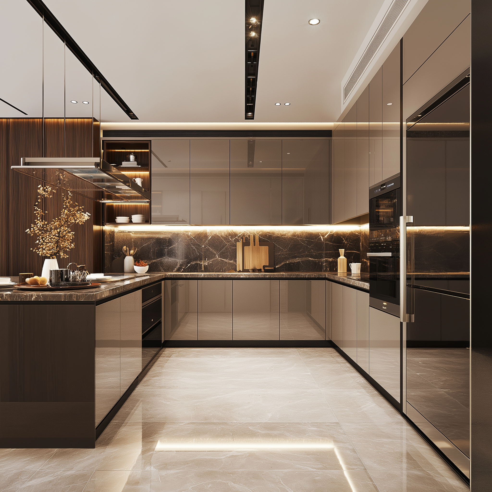 Luxurious Modern Kitchen with Dark Wood and Illuminated Marble Features | Material Depot