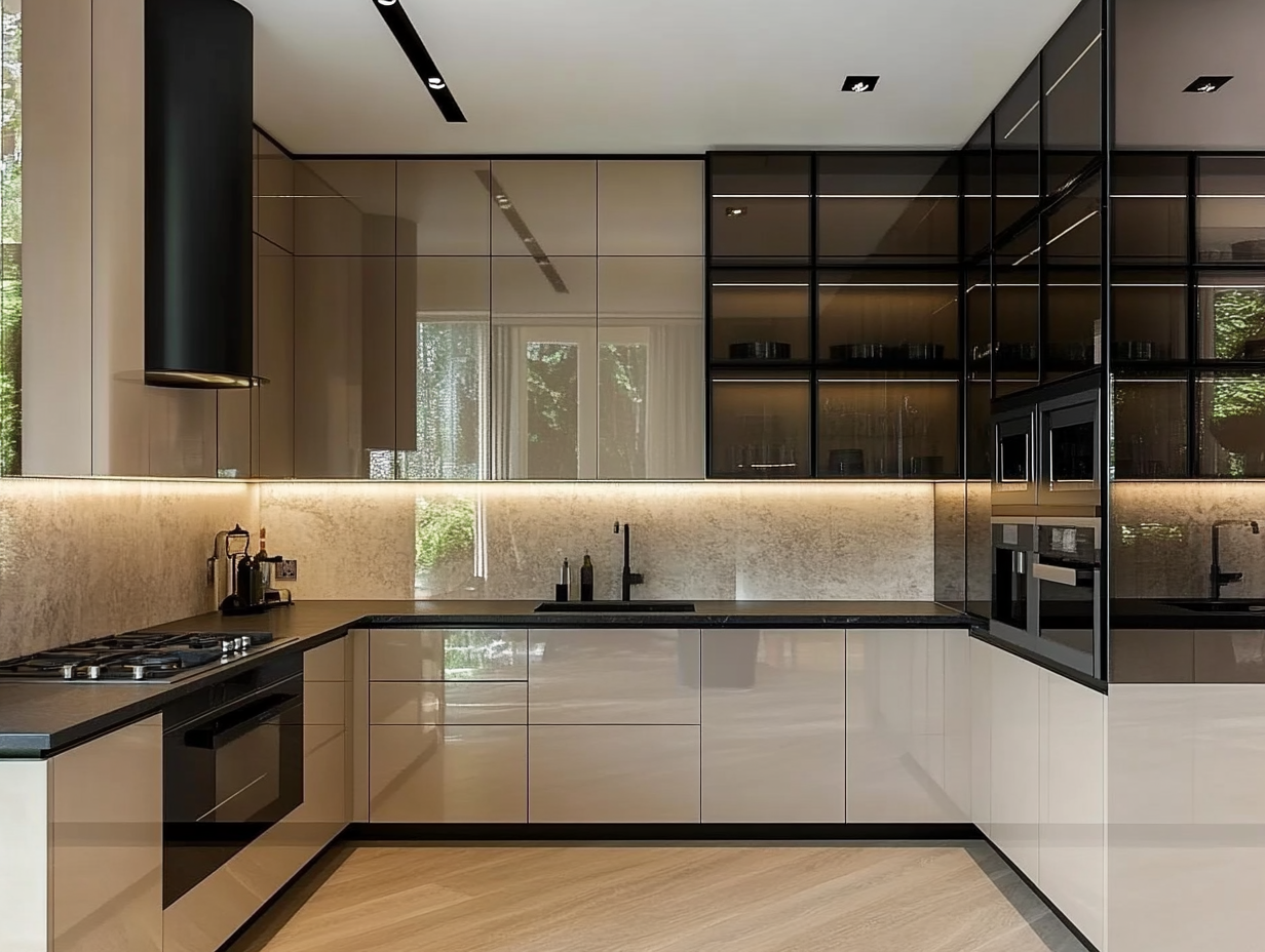 Luxurious Modern Kitchen with Reflective High-Gloss Cabinetry and Natural Light | Material Depot