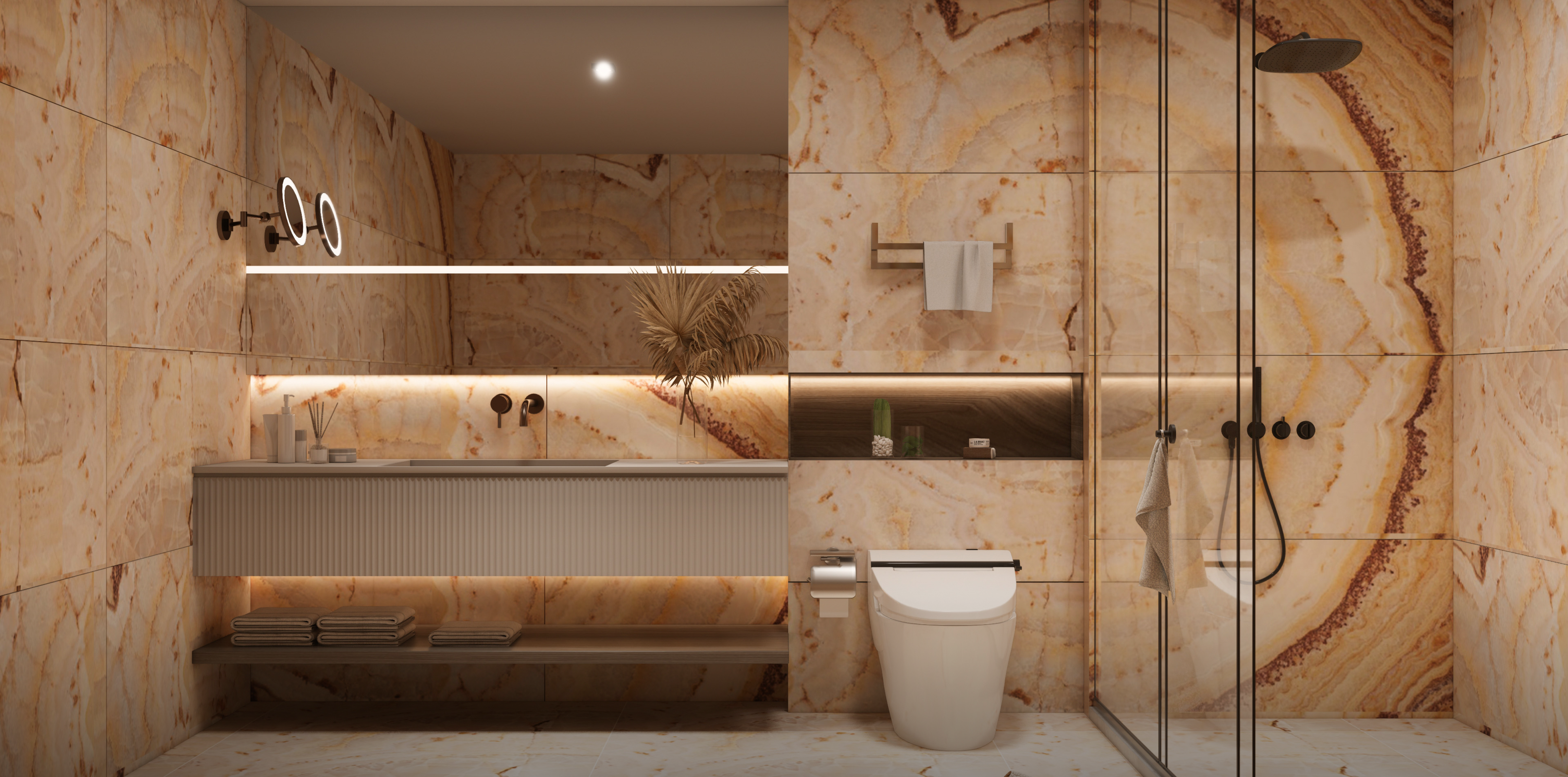 Luxurious Onyx Bathroom: Warm Tones and Natural Elegance | Material Depot