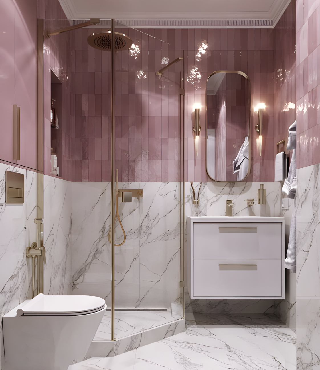 Luxurious Pink Marble Bathroom with Elegant Gold Fixtures and Modern Design | Material Depot