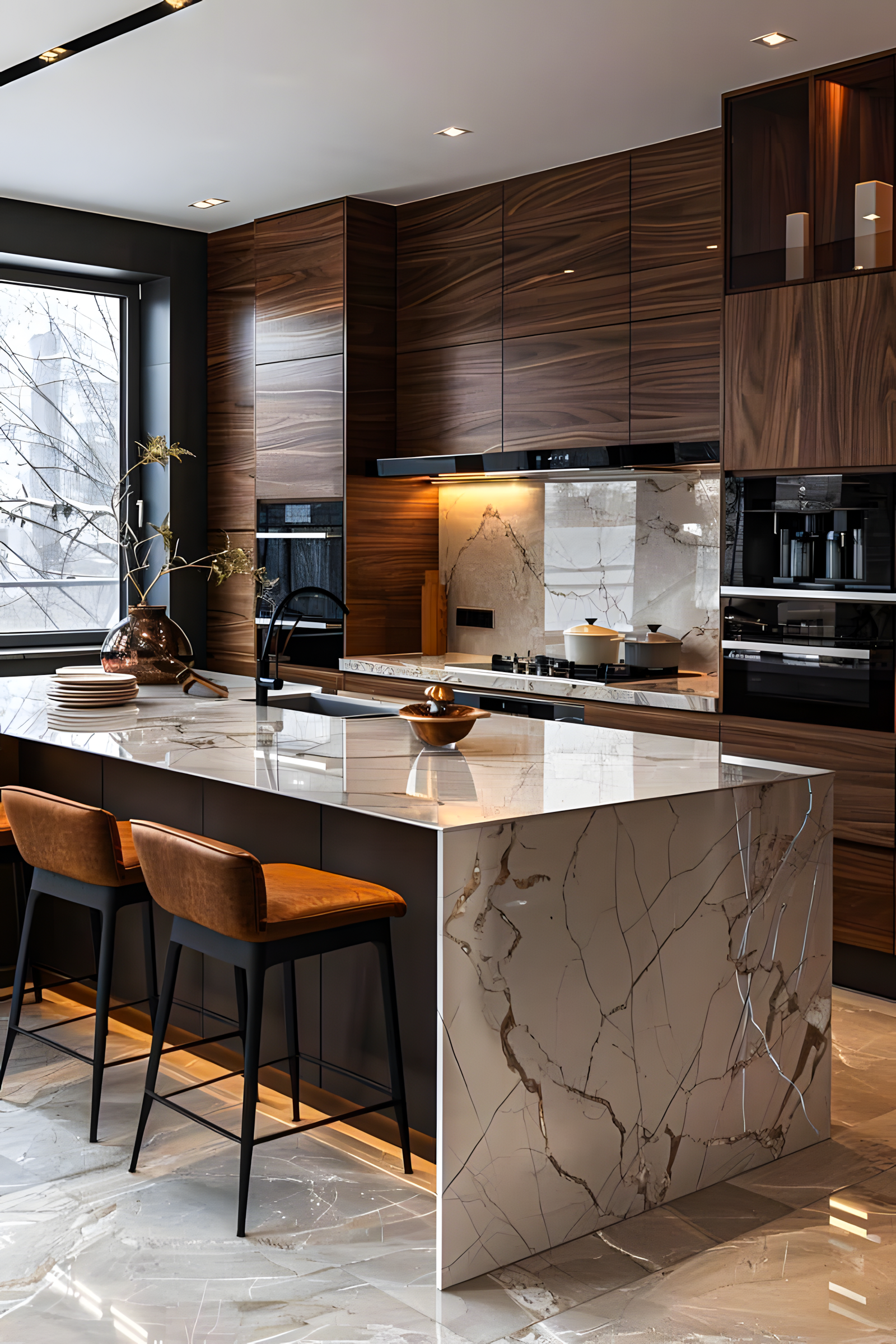 Luxurious Sleek and Sophisticated Kitchen with Marble and Wood Island | Material Depot