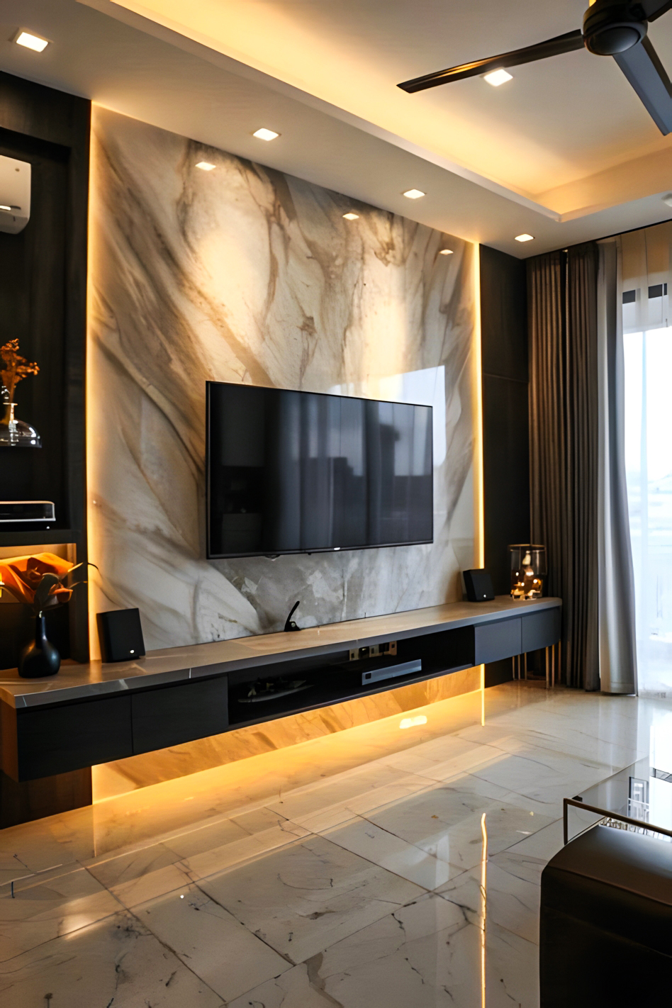 Luxurious TV Wall with Marble Backdrop and Ambient Lighting | Material Depot