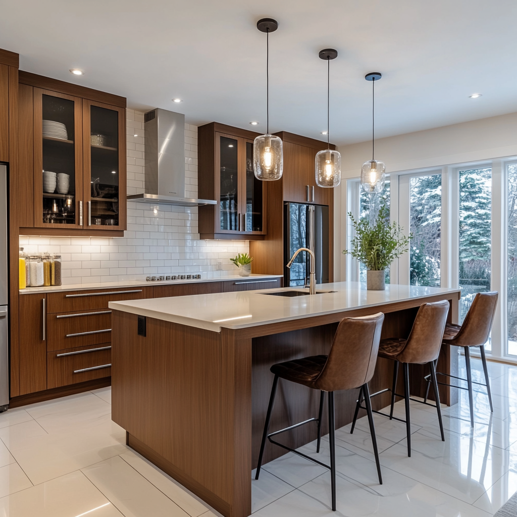 Luxurious Wood-Tone Kitchen with Elegant Seating and Natural Light | Material Depot