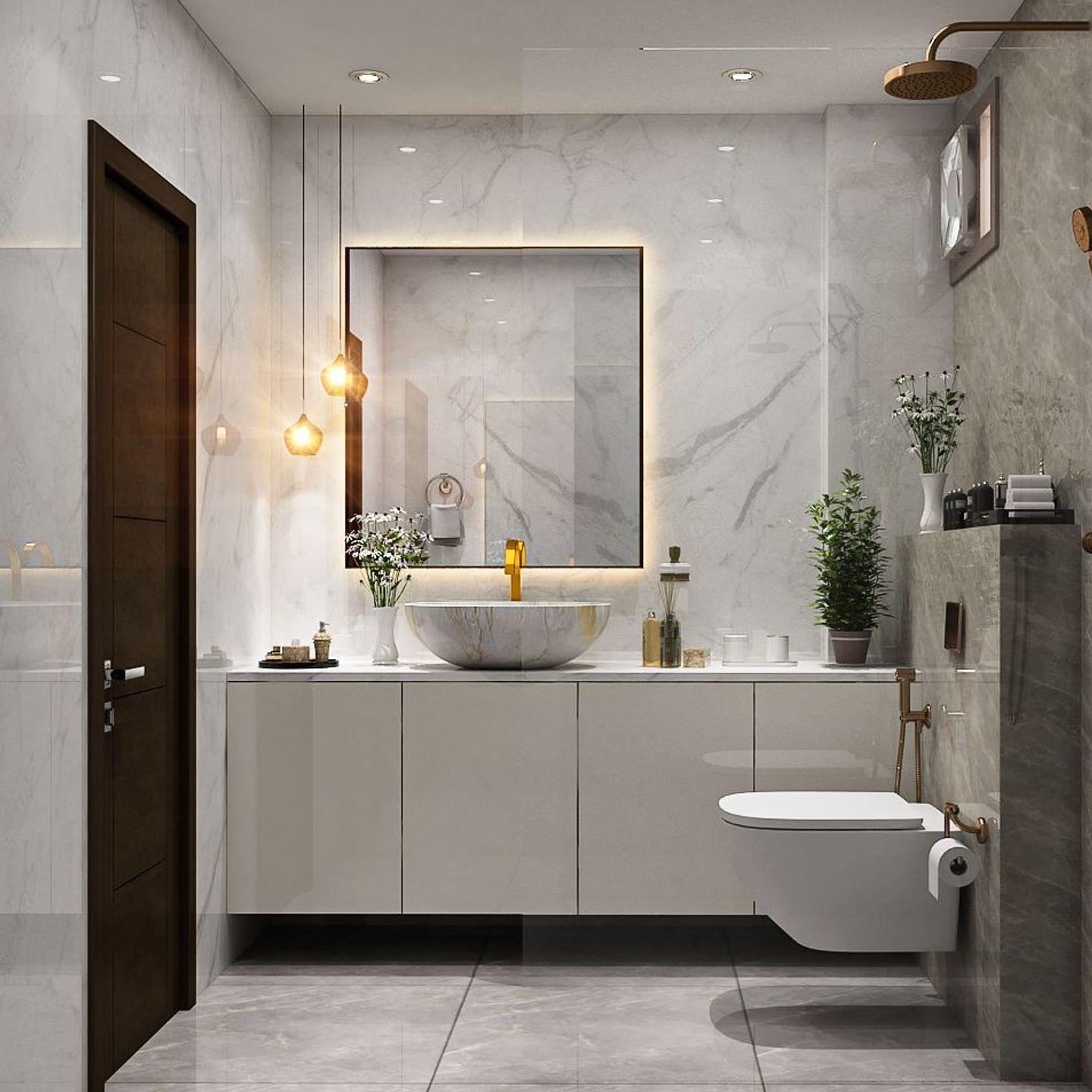 Spacious bathroom with lavish copper fittings.