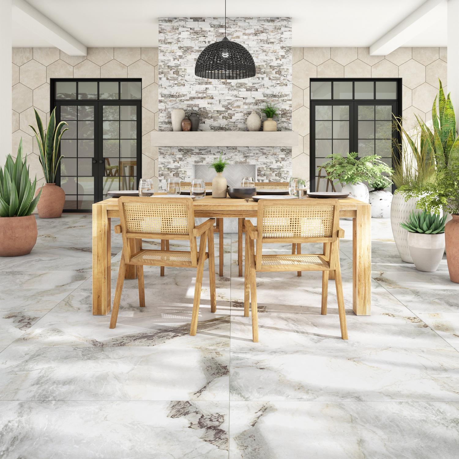 Dining area with marble tiles and stone wall tiles