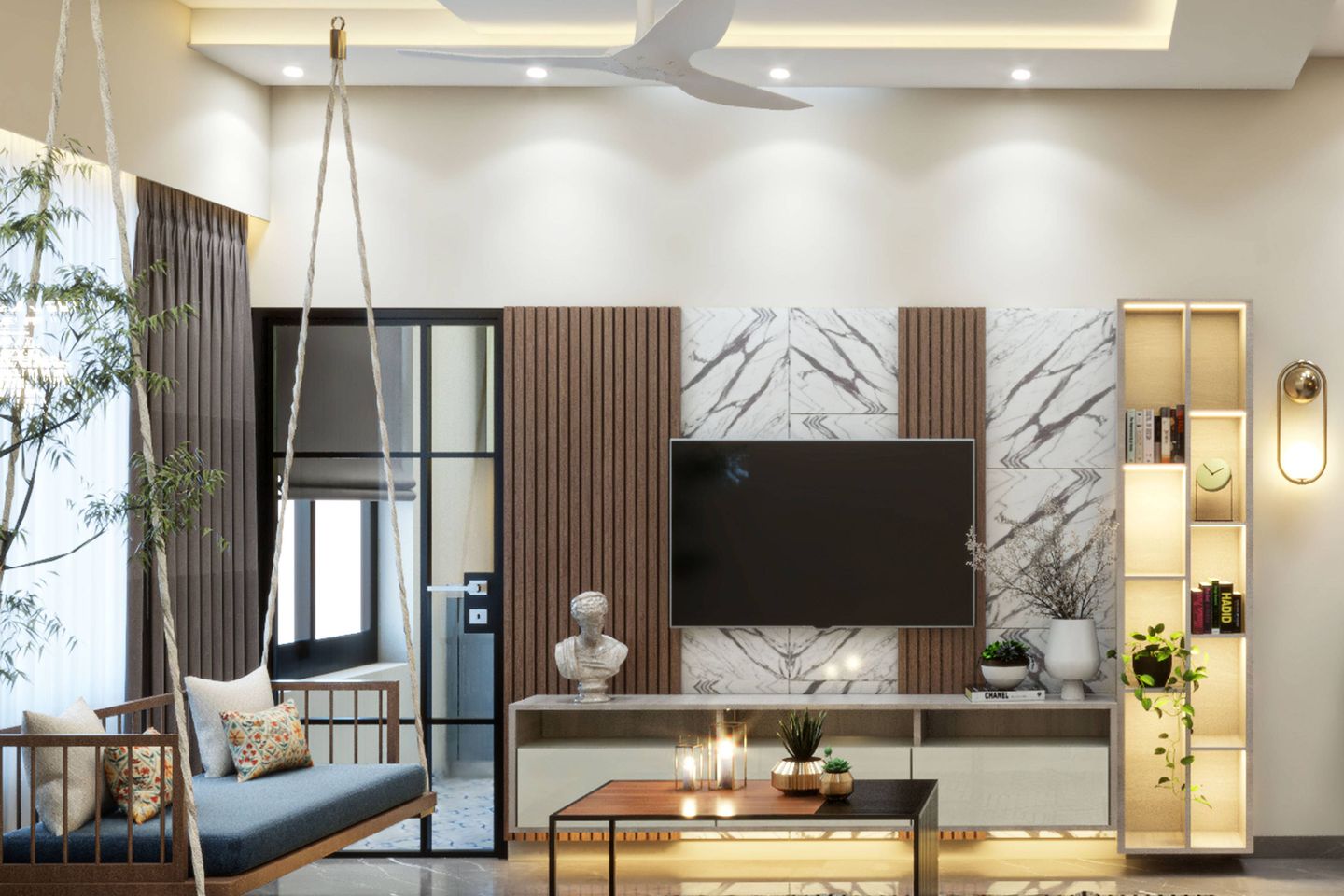 living room with a marble accent wall, gold fixtures, a gray sofa, a wooden coffee table, a black TV console