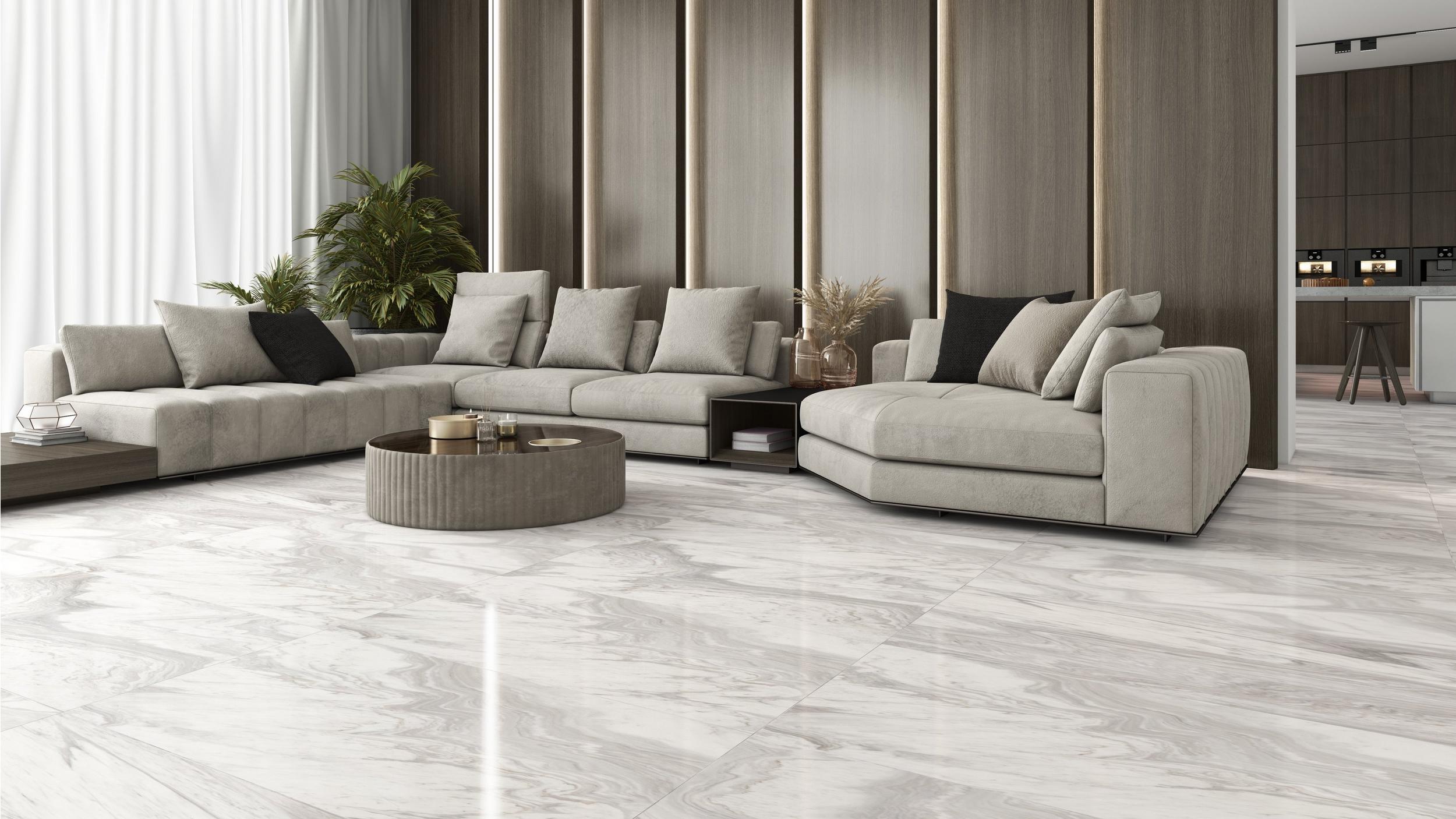 Living room with marble tile floor and louver