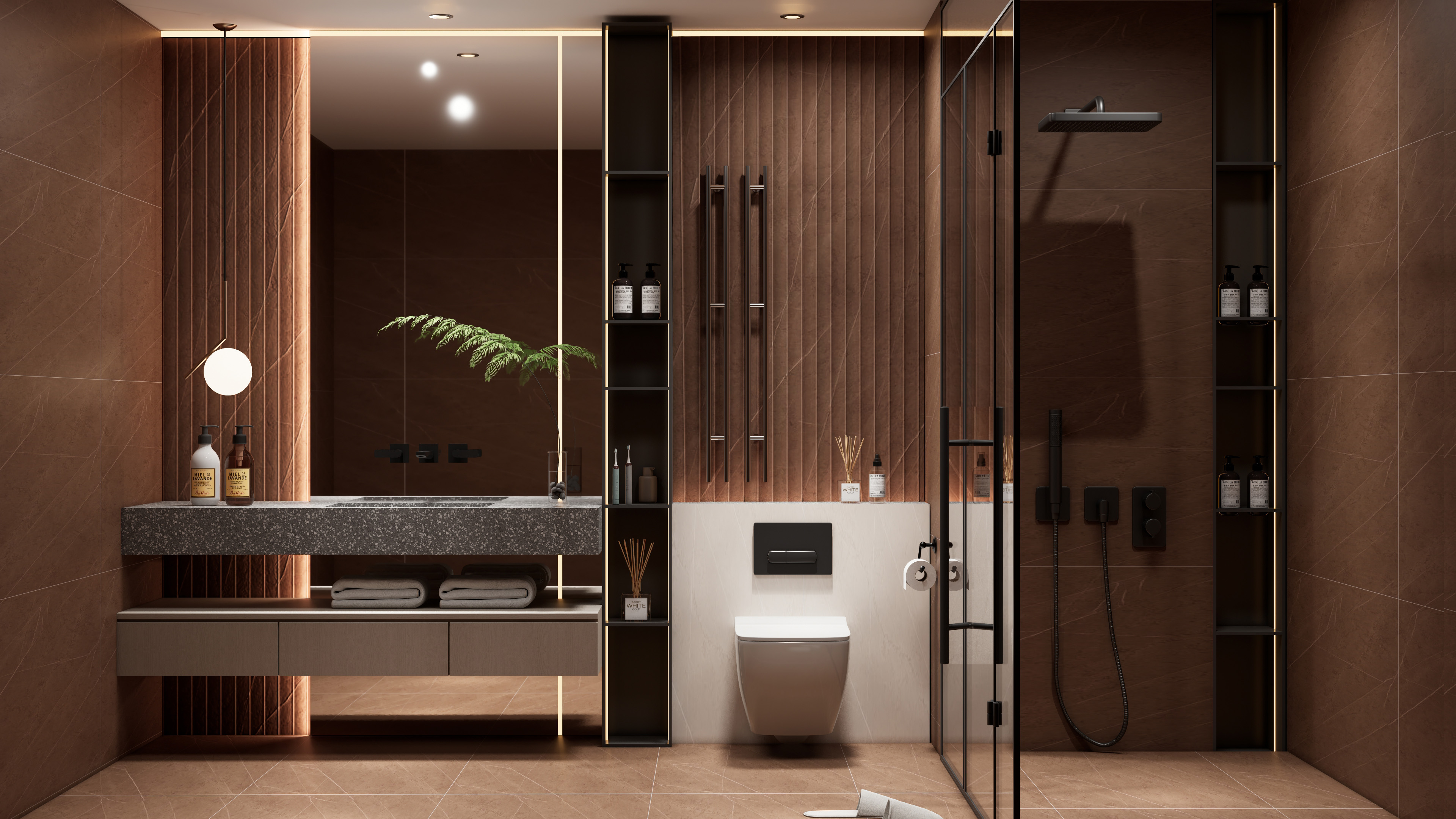 Luxury Bathroom with Warm Brown Tones and Fluted Paneling | Material Depot