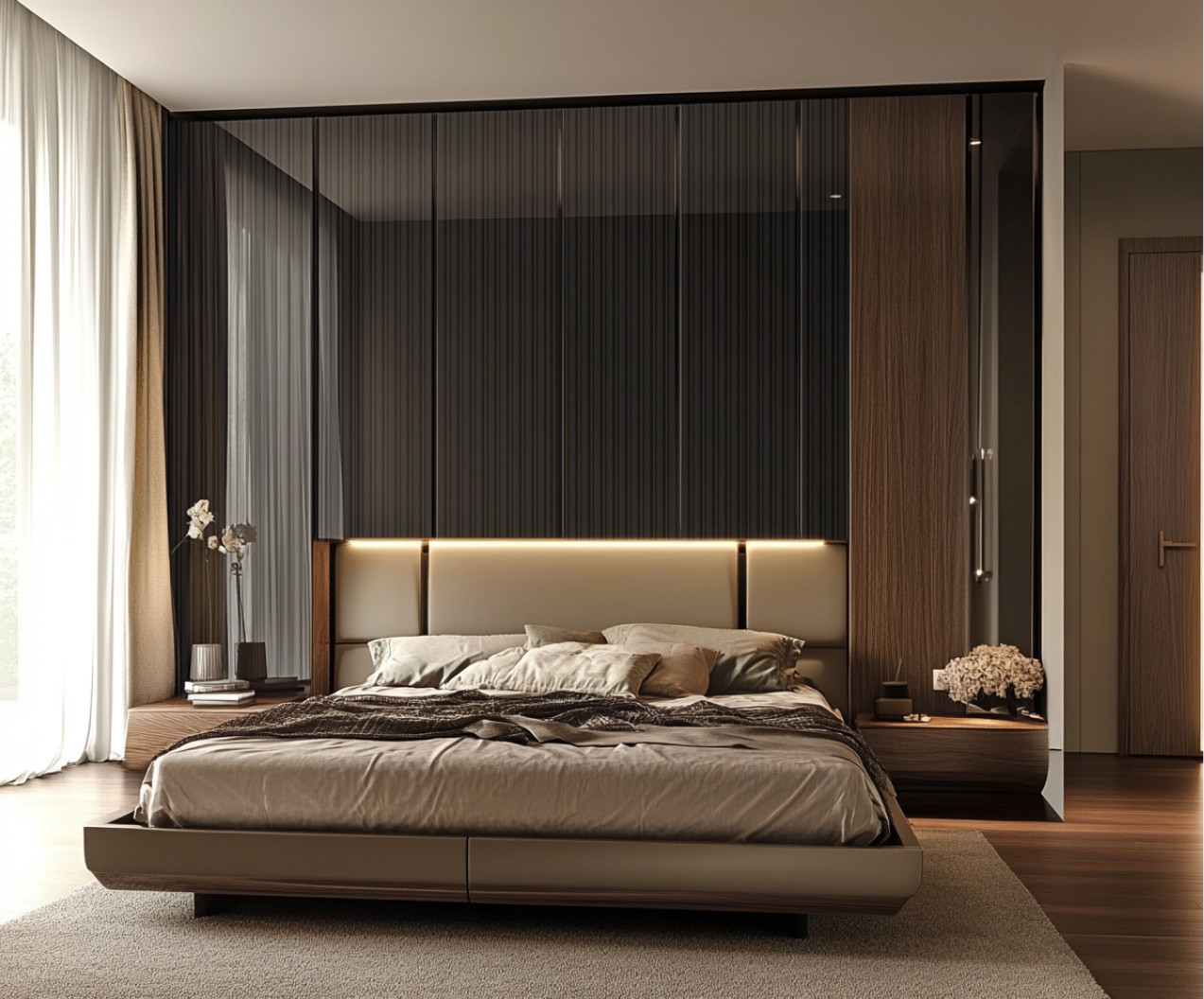 Luxury Bedroom with Dark Fluted Acrylic Panels and Wooden Elements | Material Depot