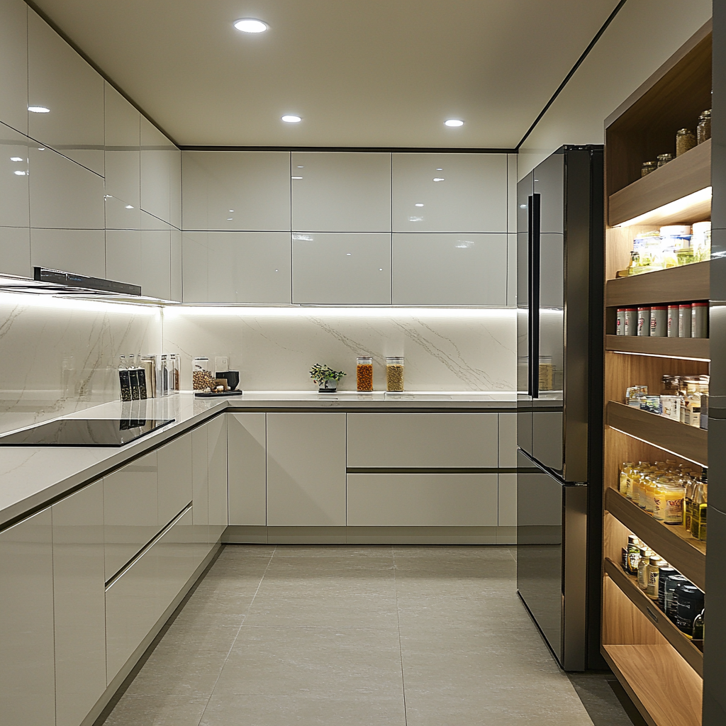 Luxury Dark Kitchen with Marble Backsplash and Glass Cabinets | Material Depot