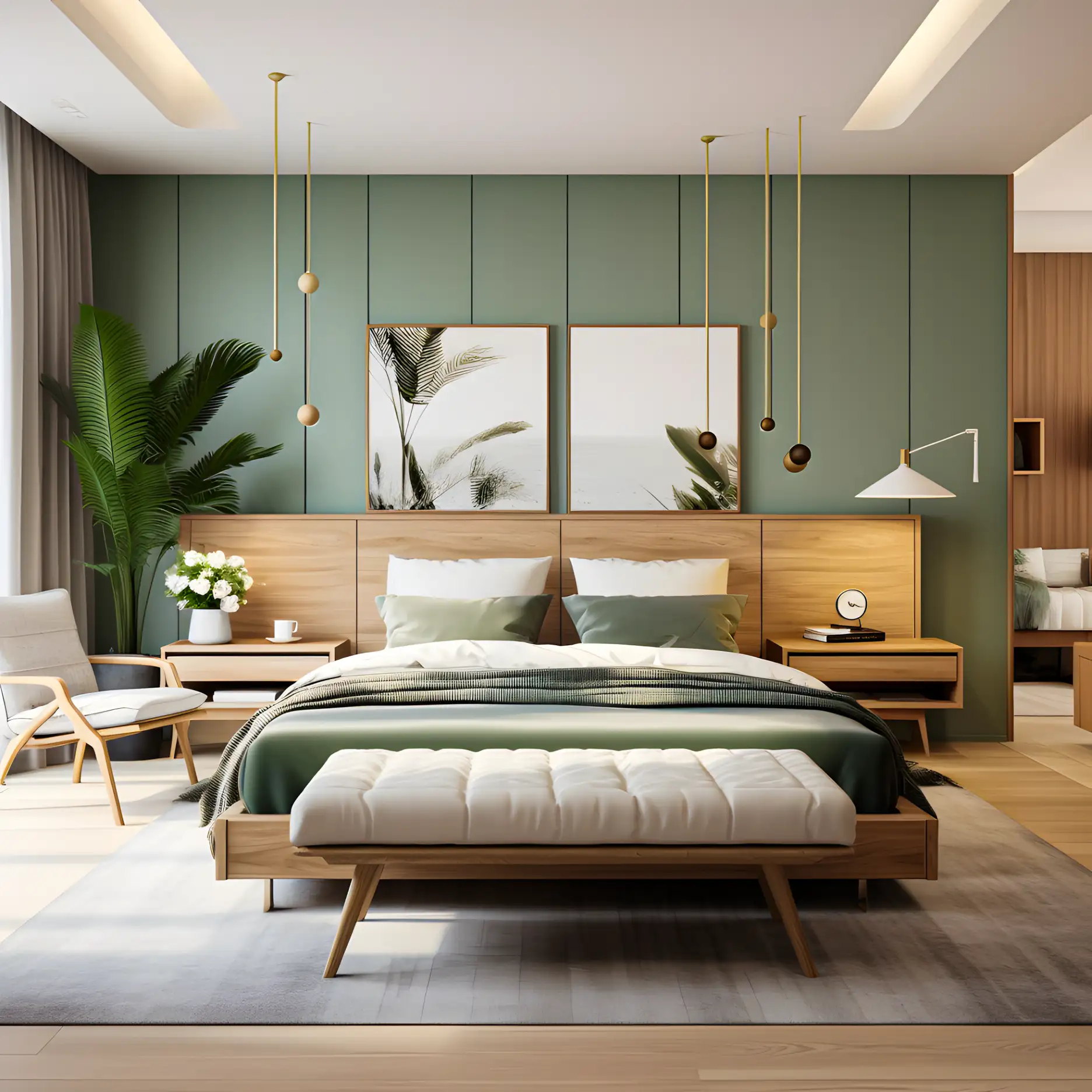 Luxury Enviroment Bedroom With Green Laminates And Wooden Floor | Material Depot