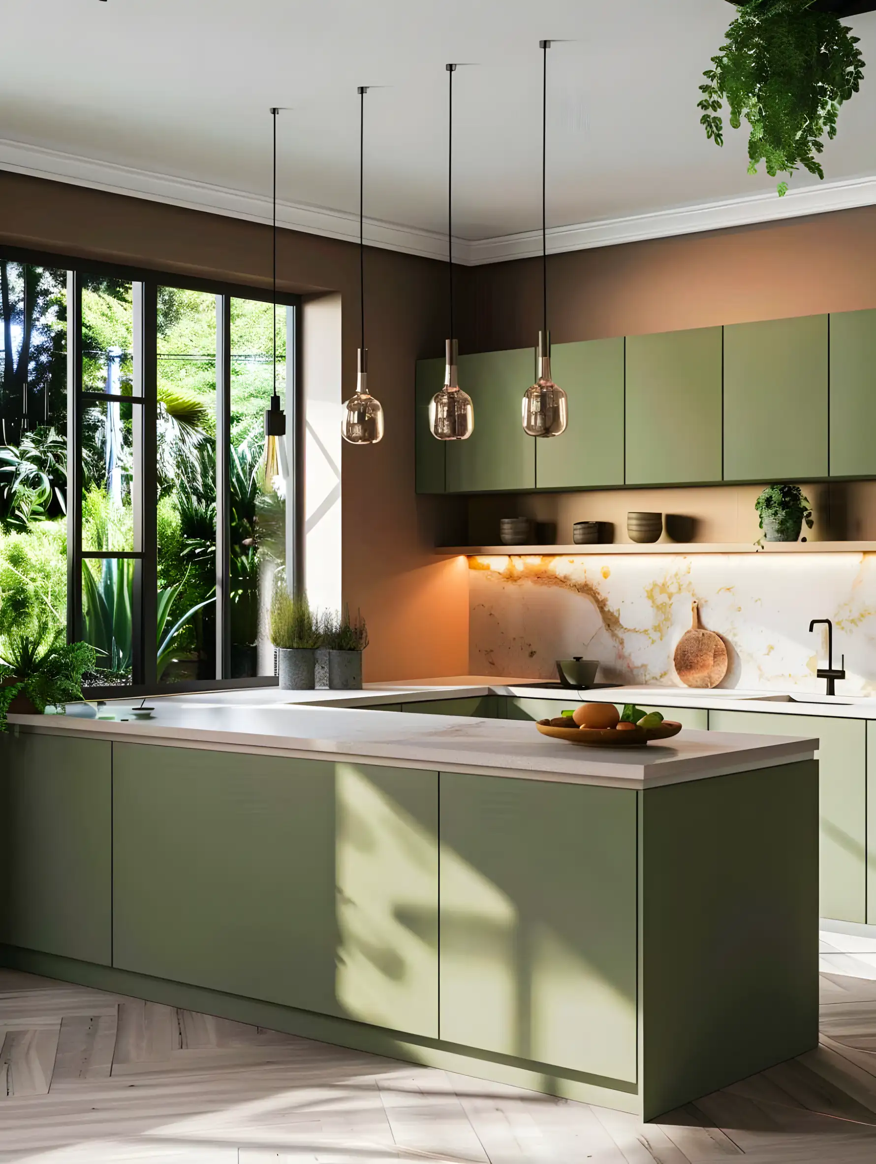 Luxury Glossy Green Kitchen With Rustic Grey Floor Tiles | Material Depot