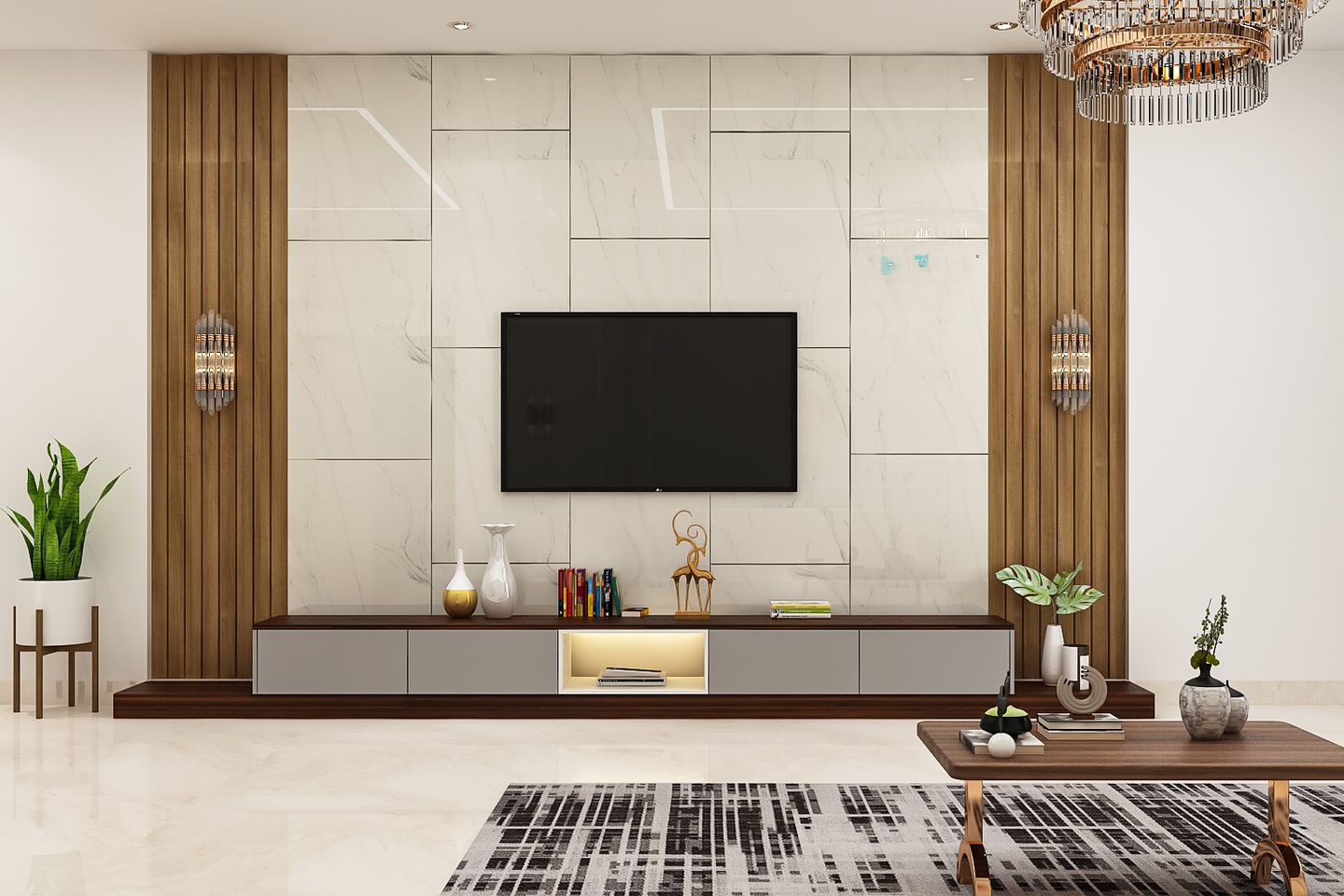 Premium TV Unit with Beige Wall Panel and Pendant Light.