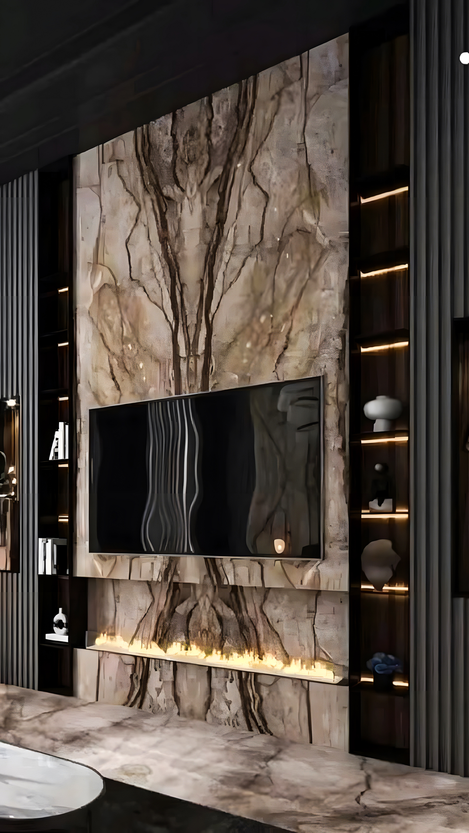 Luxury Living Room with Marble Feature Wall and Fireplace | Material Depot