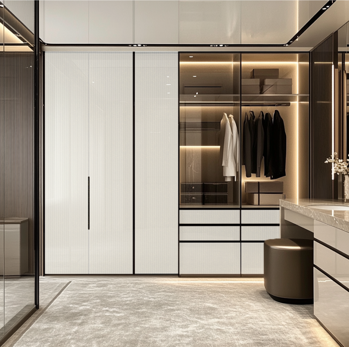 Luxury Walk-In Closet with Fluted Acrylic Panels and Ambient Lighting | Material Depot