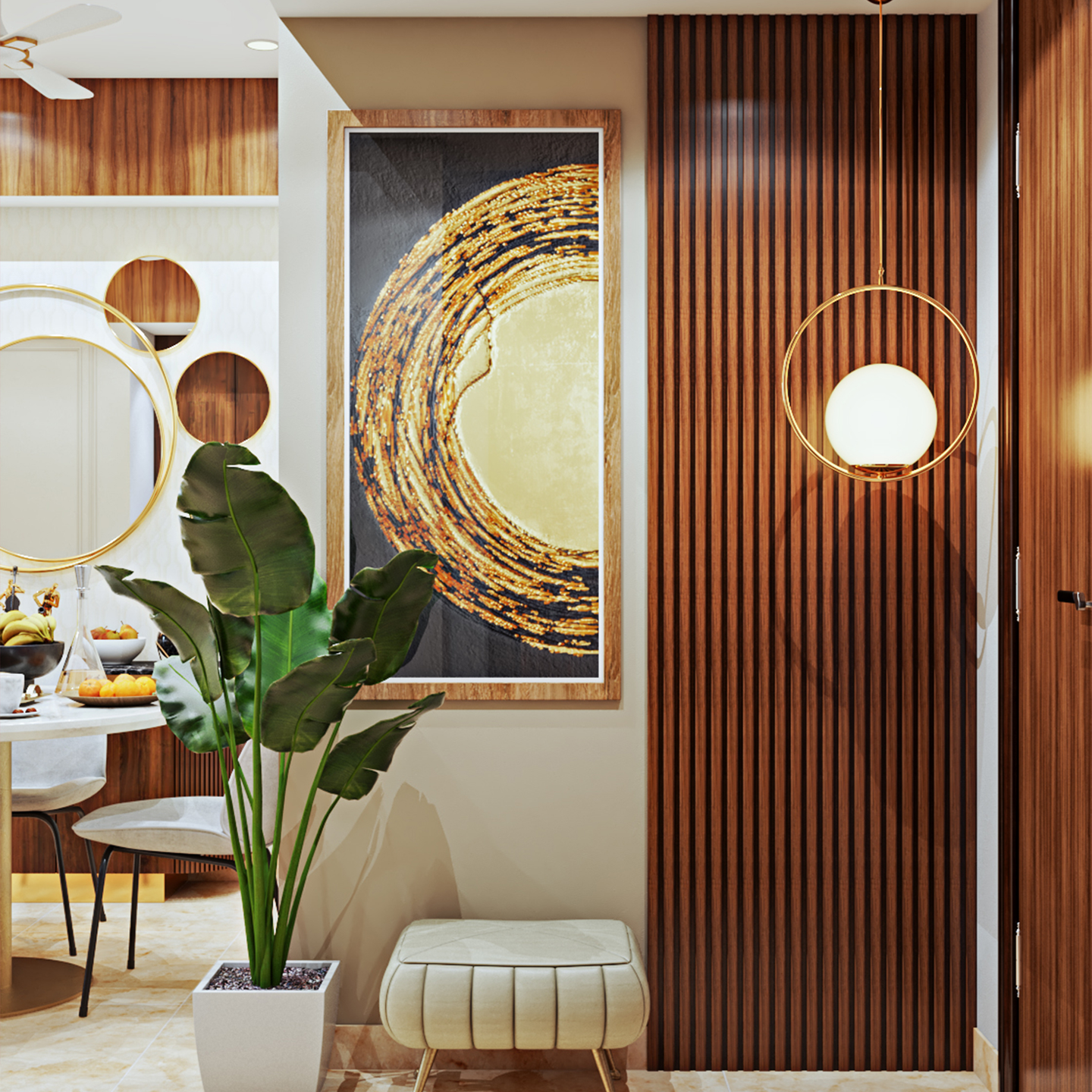 Luxury wooden foyer with dining table and plant.