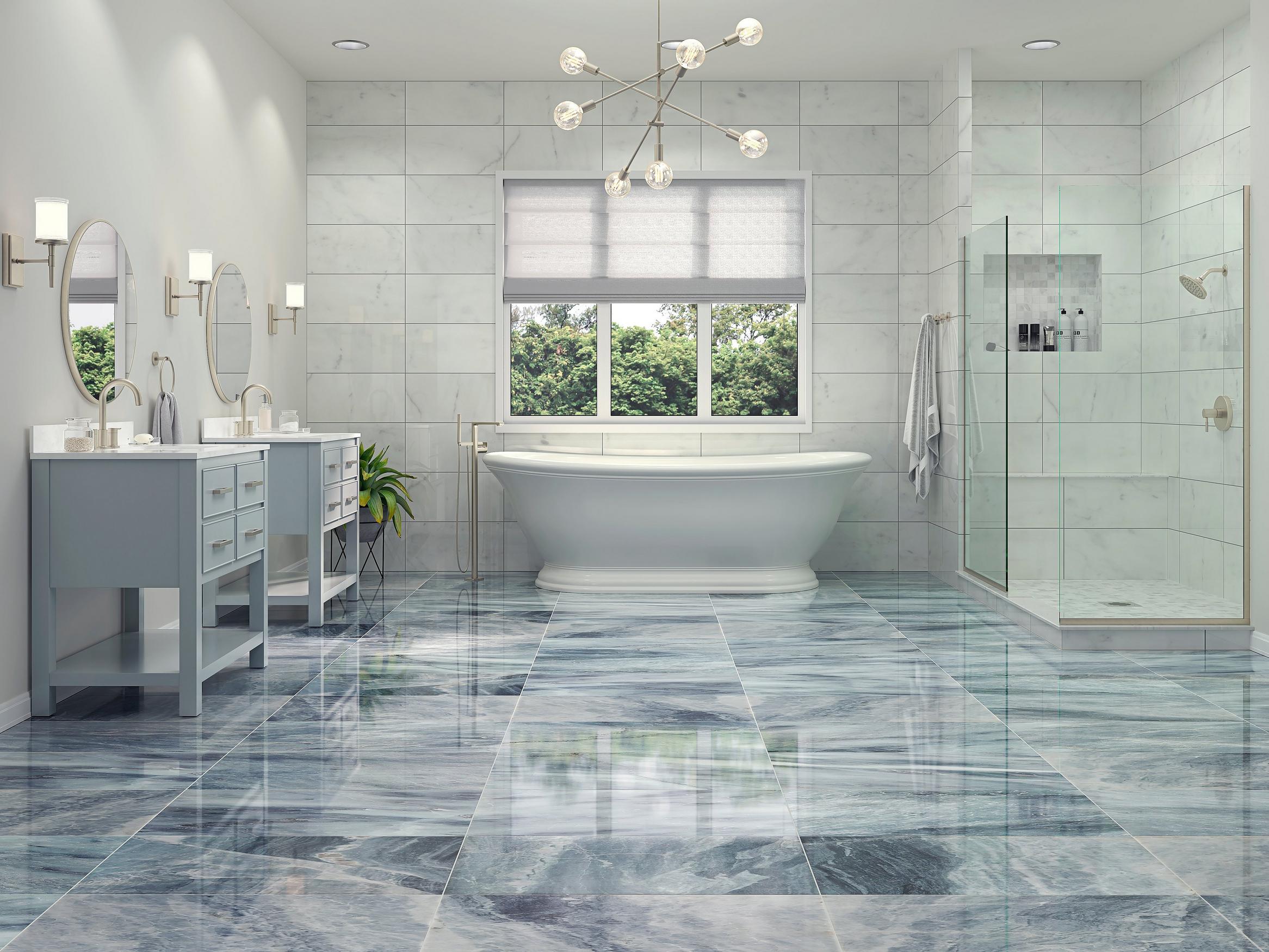 Bathroom with marble flooring and stone tiles