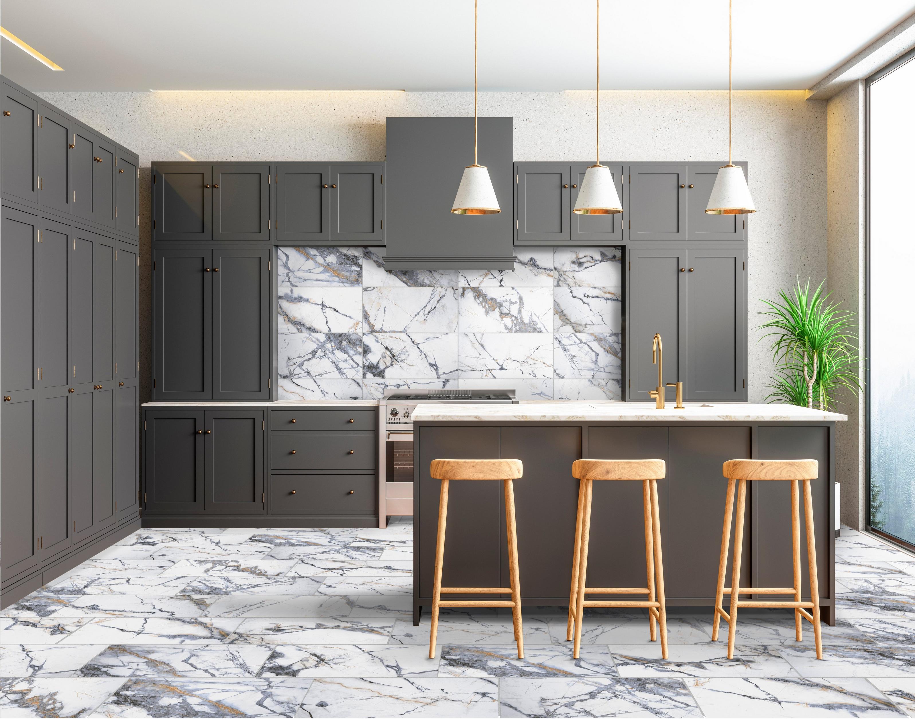 Kitchen with marble tile and grey laminate