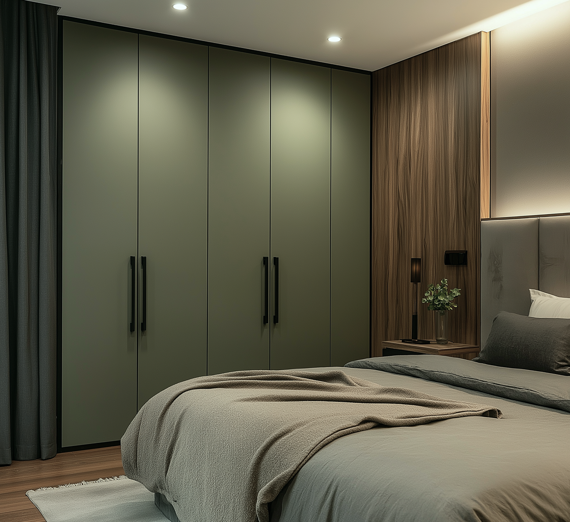 Matte Green Laminate Wardrobe for a Modern Elegant Bedroom Design | Material Depot