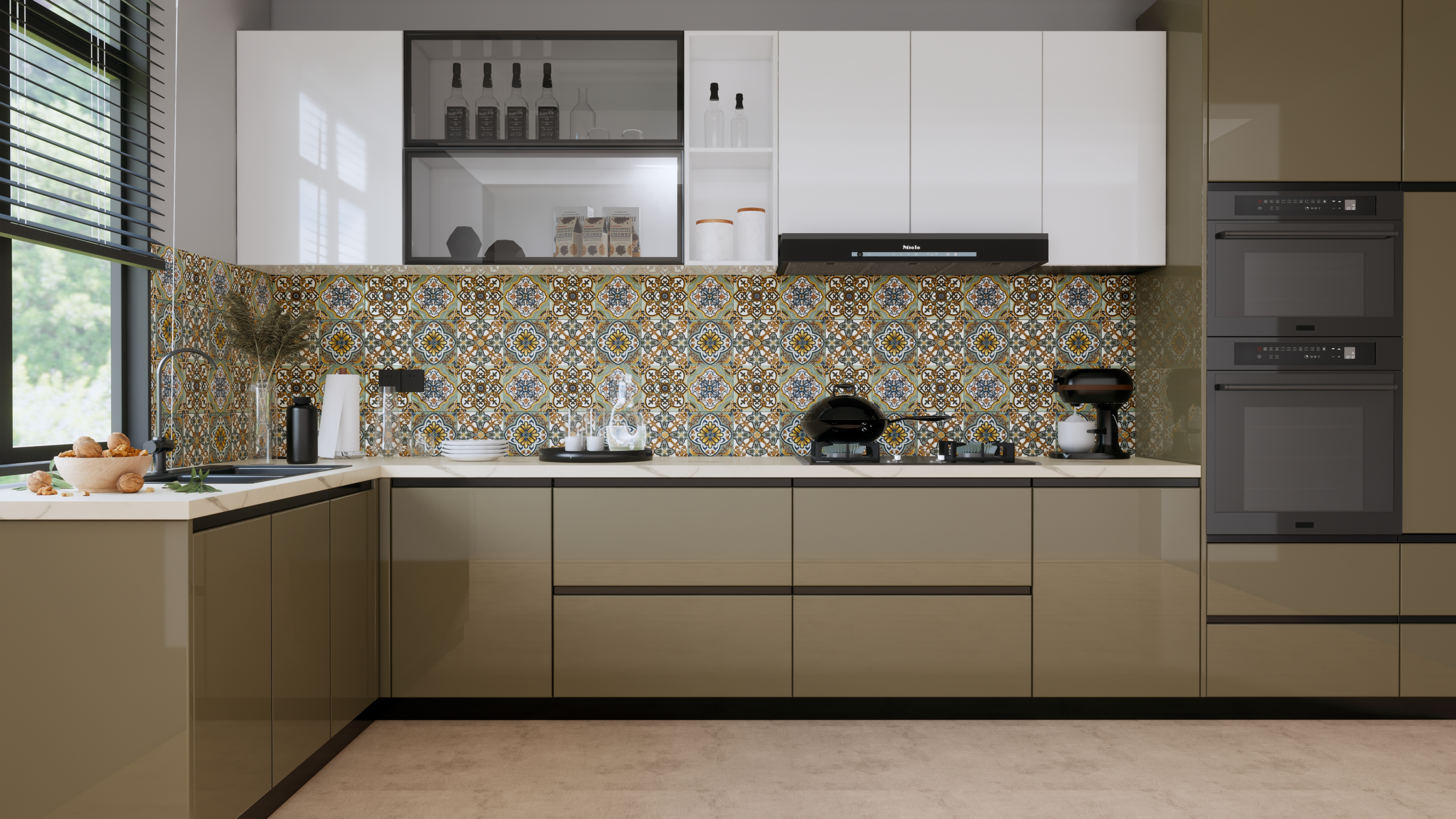 Mediterranean Kitchen with Moroccan Patterned Tiles and Glossy Beige Cabinets | Material Depot