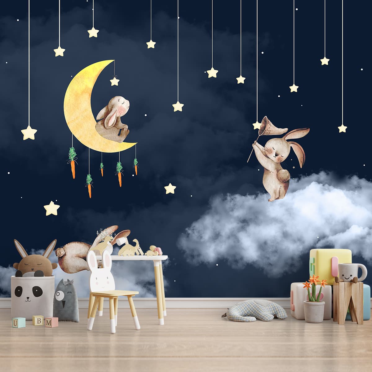 A close-up of a Bunnies in Night Kids Room Wallpaper, Blue Sparkla N Shine Series Entertainment Design (Customised Size Wallpaper) with a finish available at Material Depot in Bangalore