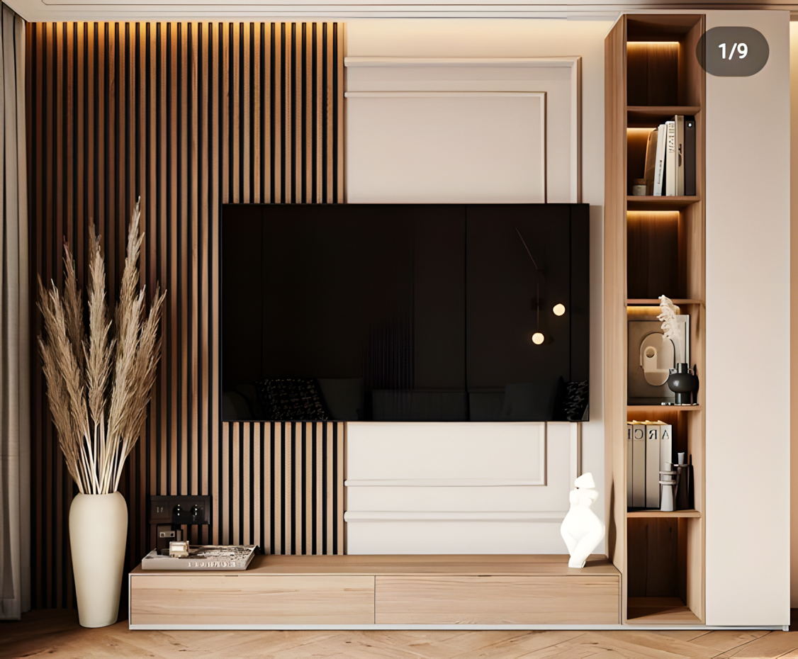 Minimal TV Unit with Wood-Paneled Accent Wall and Built-in Shelving | Material Depot