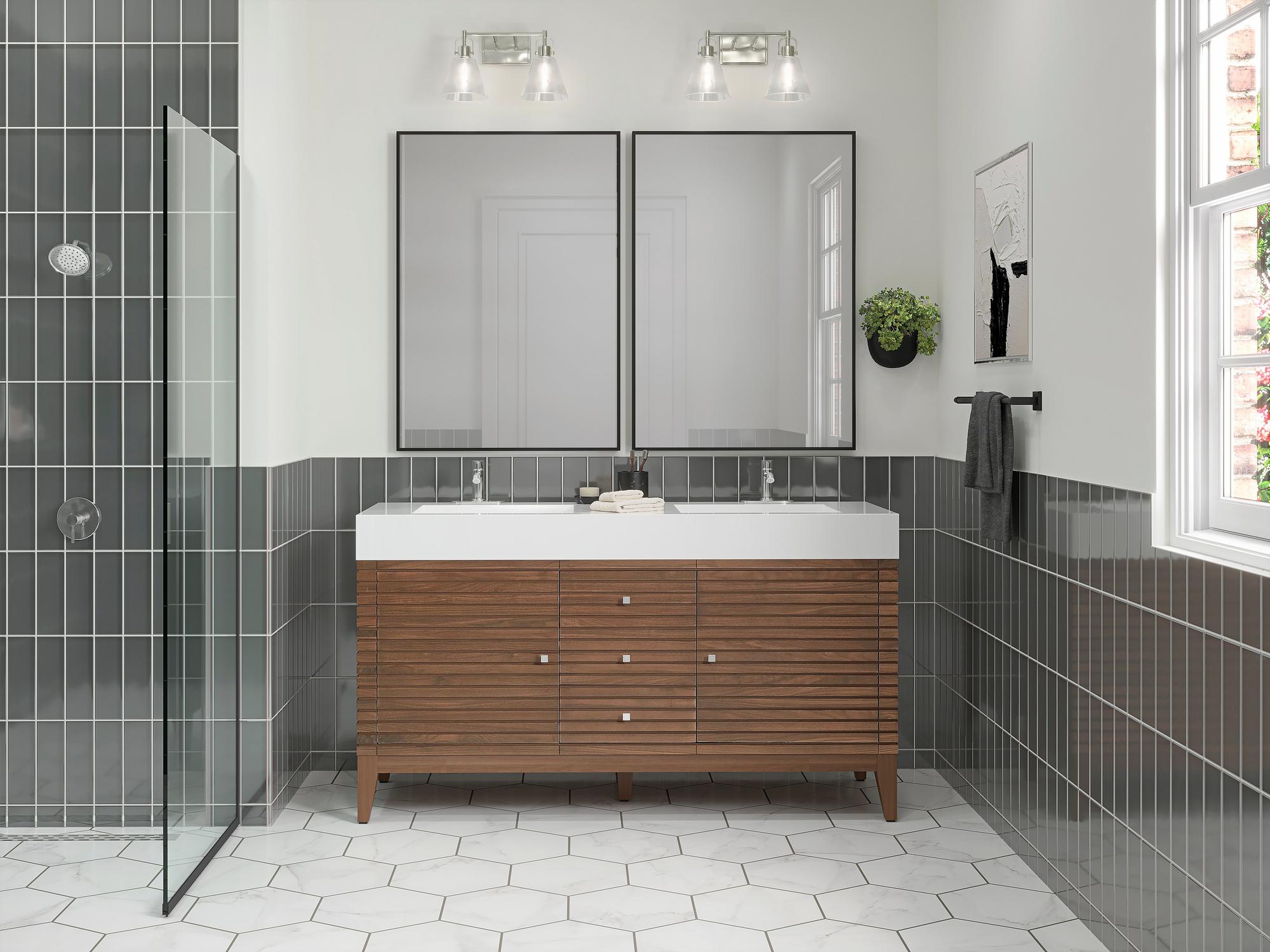 Bathroom with grey hexagonal tiles and green stone wall tiles