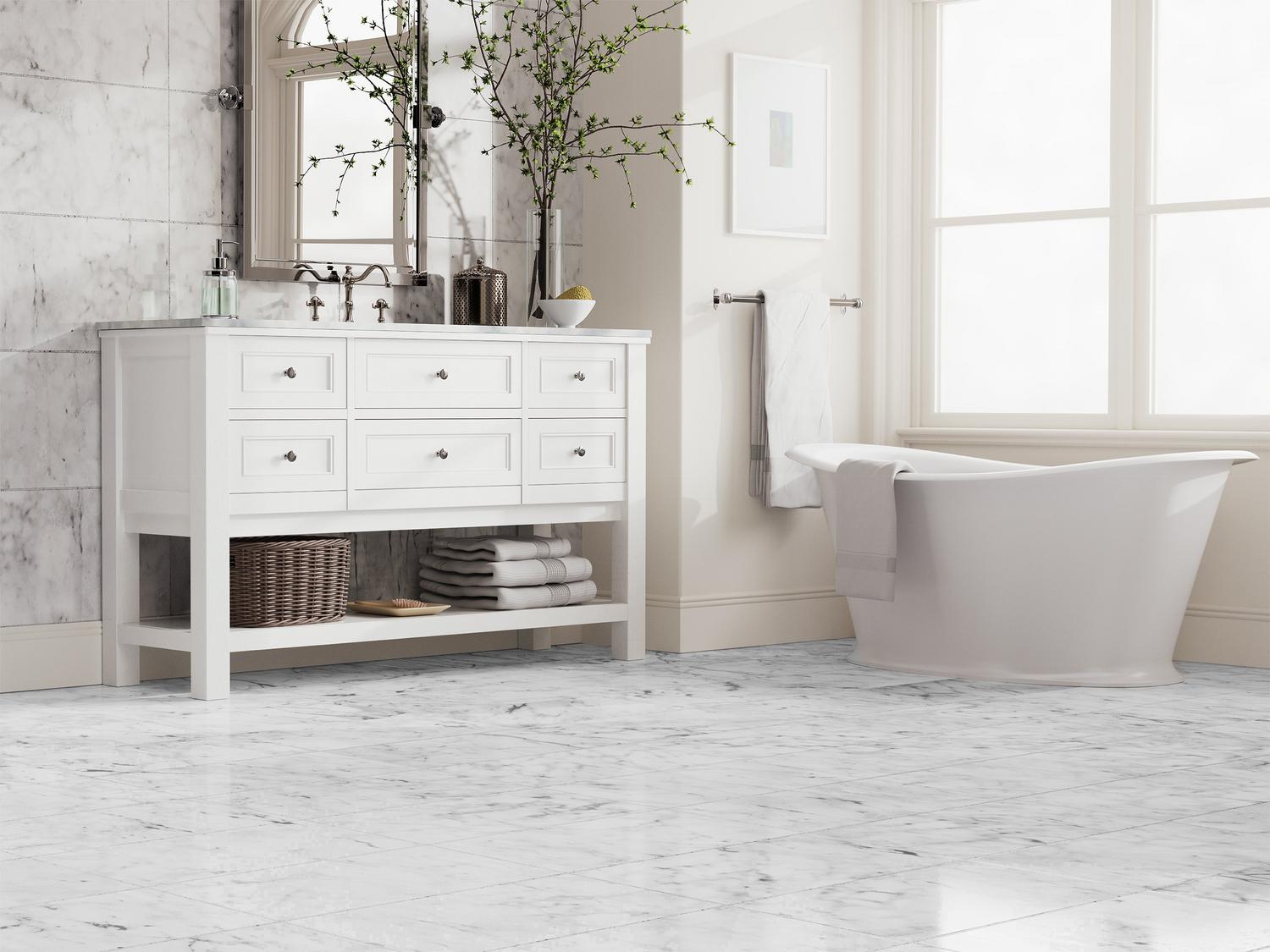 Bathroom with marble floor and white laminate