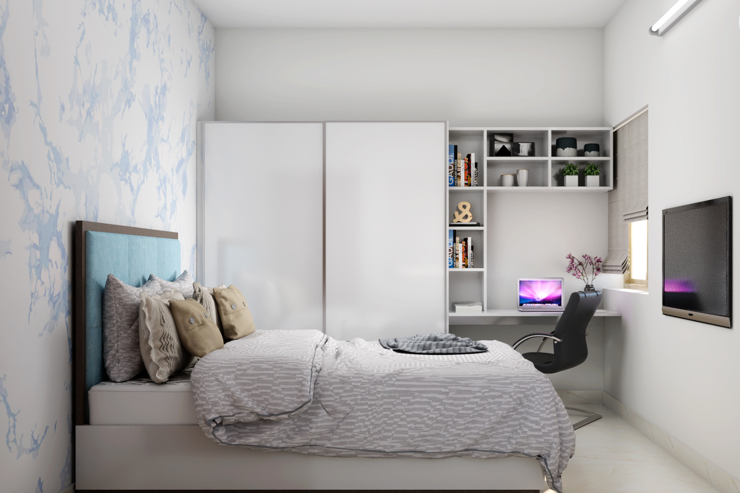 Kids' room with white laminate wardrobe and white tile flooring