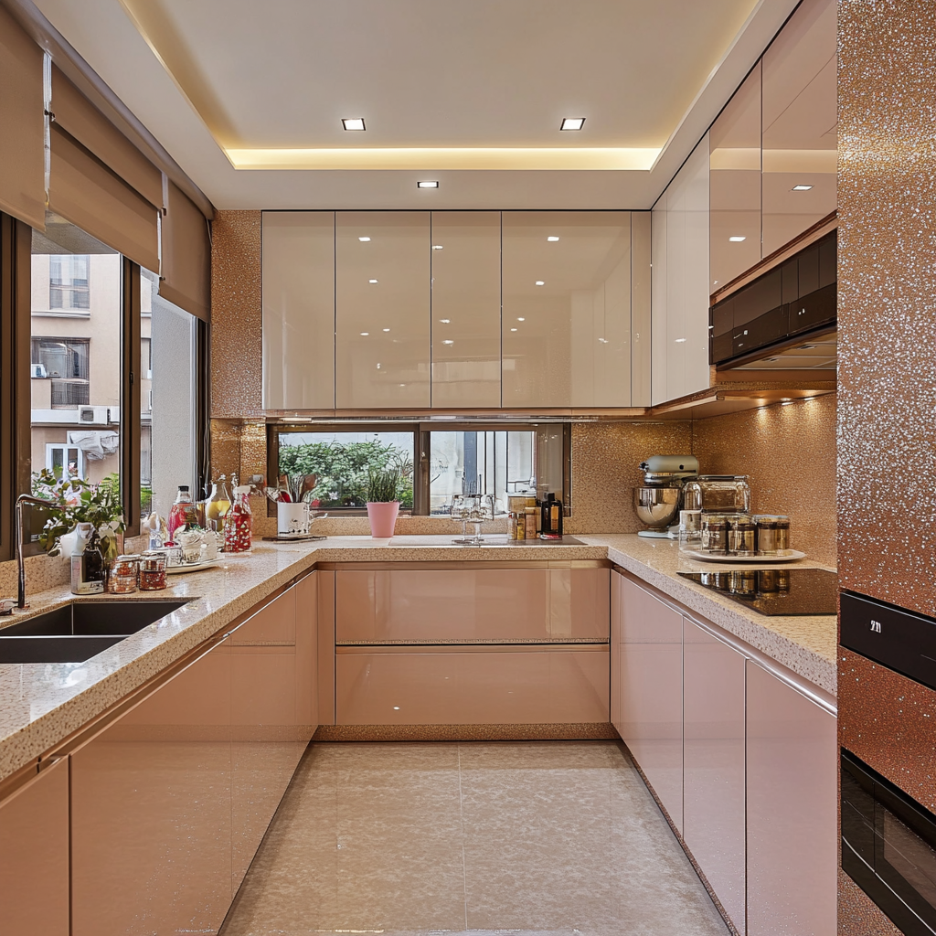 Minimalist and Functional Kitchen in Blush with Sparkle Backsplash and Seamless Cabinets | Material Depot