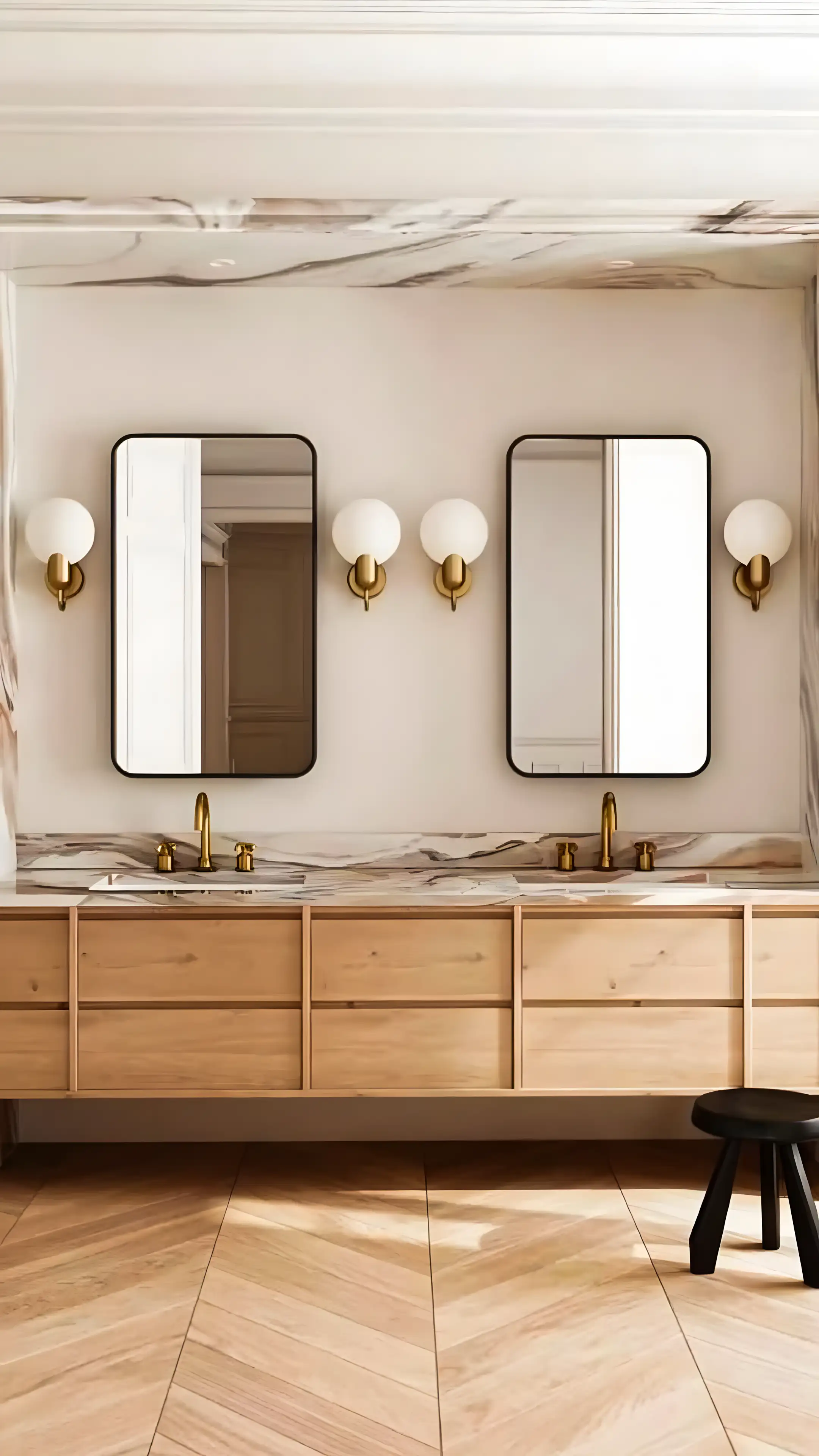 Minimalist Bathroom Design With Herringbone Flooring | Material Depot