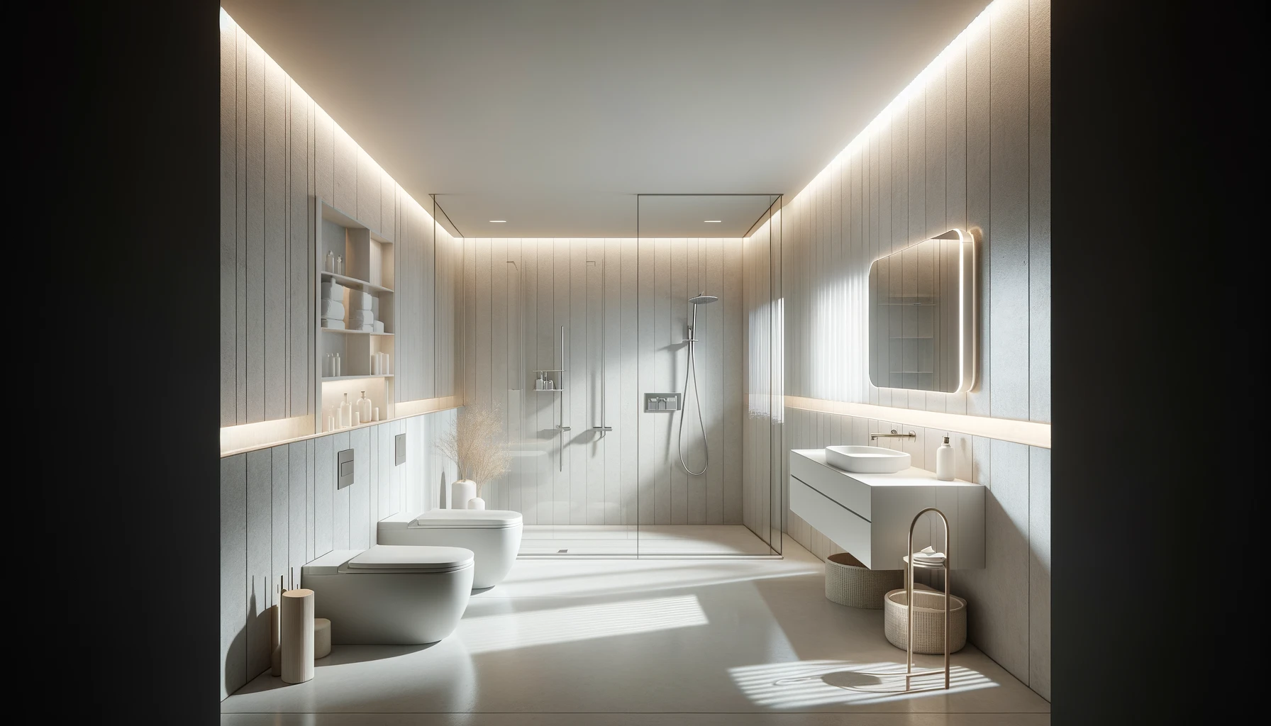 Minimalist Bathroom Oasis with Wood Accents and Soft Lighting | Material Depot