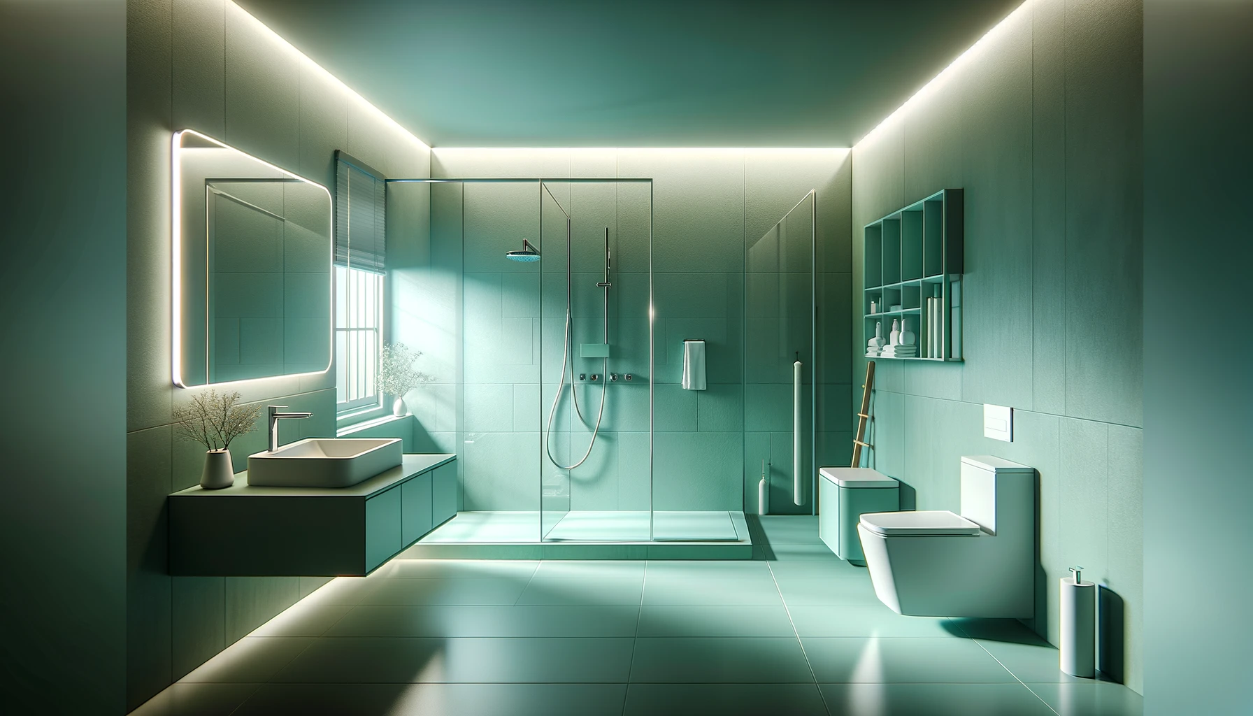 Minimalist Bathroom with Cool Vibrant Tones and bright Illumination | Material Depot