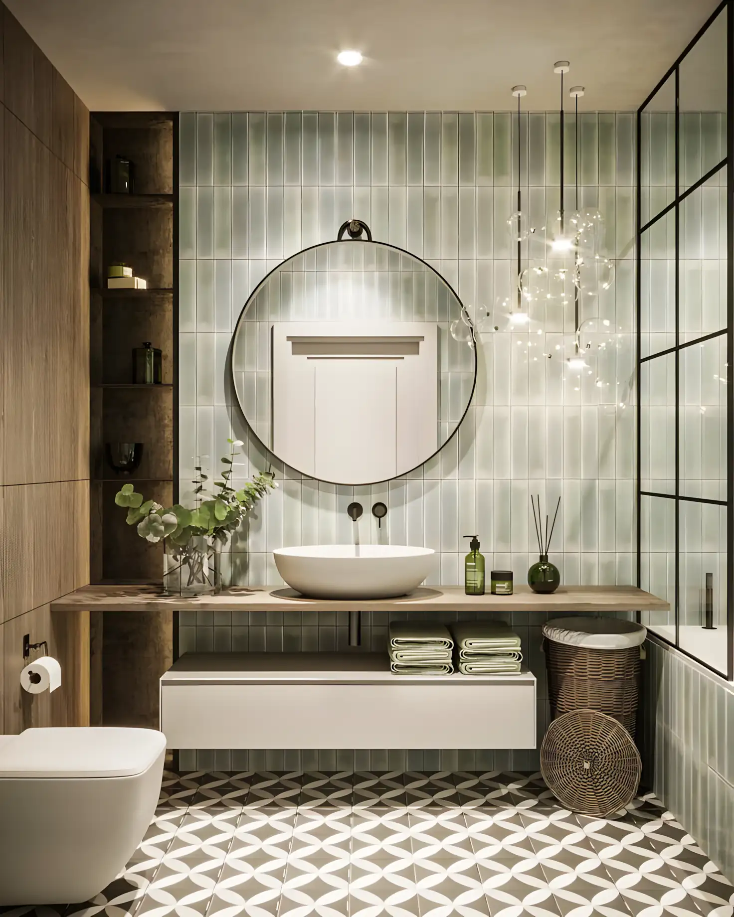 Minimalist Bathroom With Glass Partition And Green Tiles | Material Depot