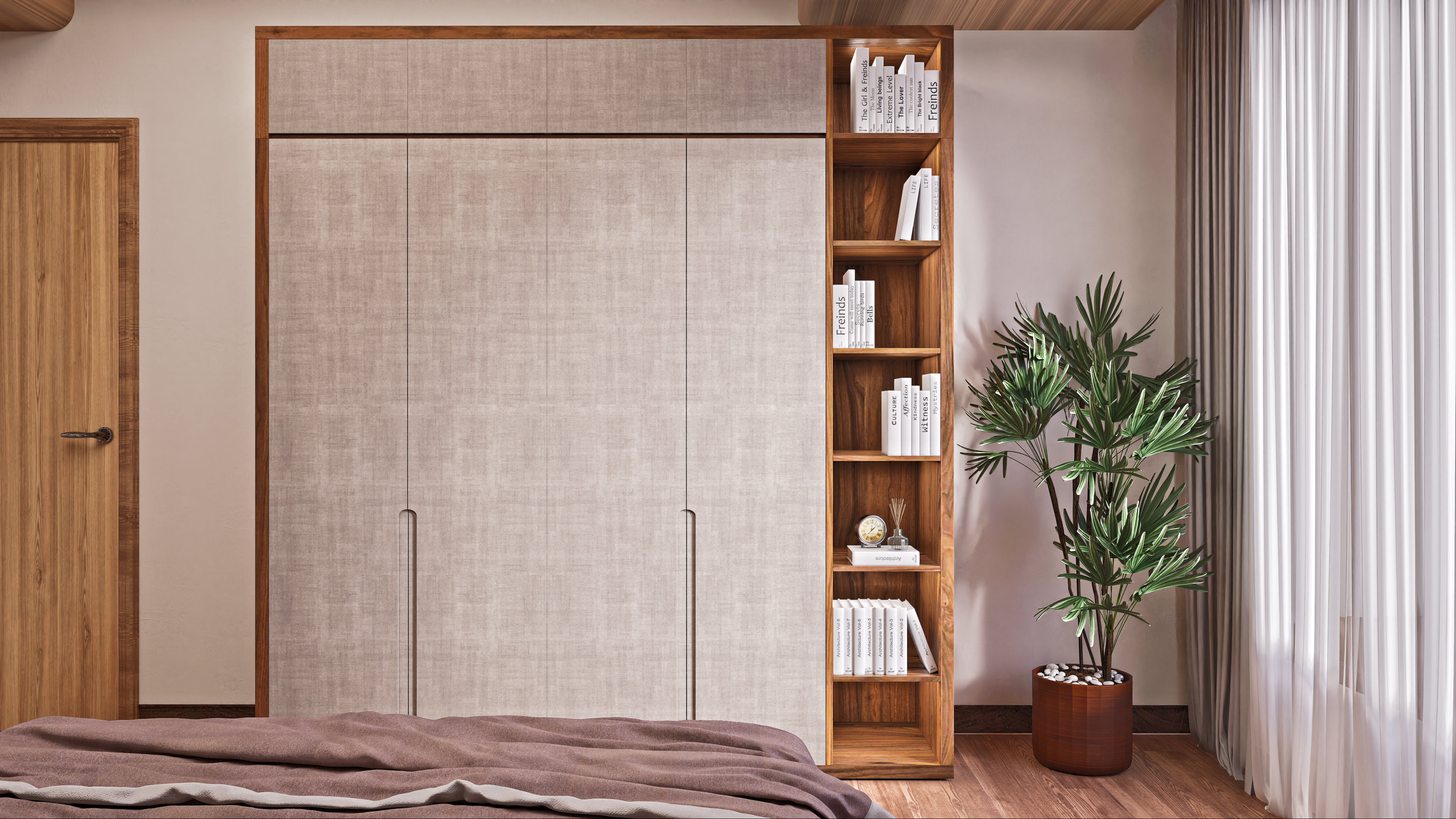 Minimalist Bedroom Wardrobe with Textured Doors and Open Wooden Shelving | Material Depot